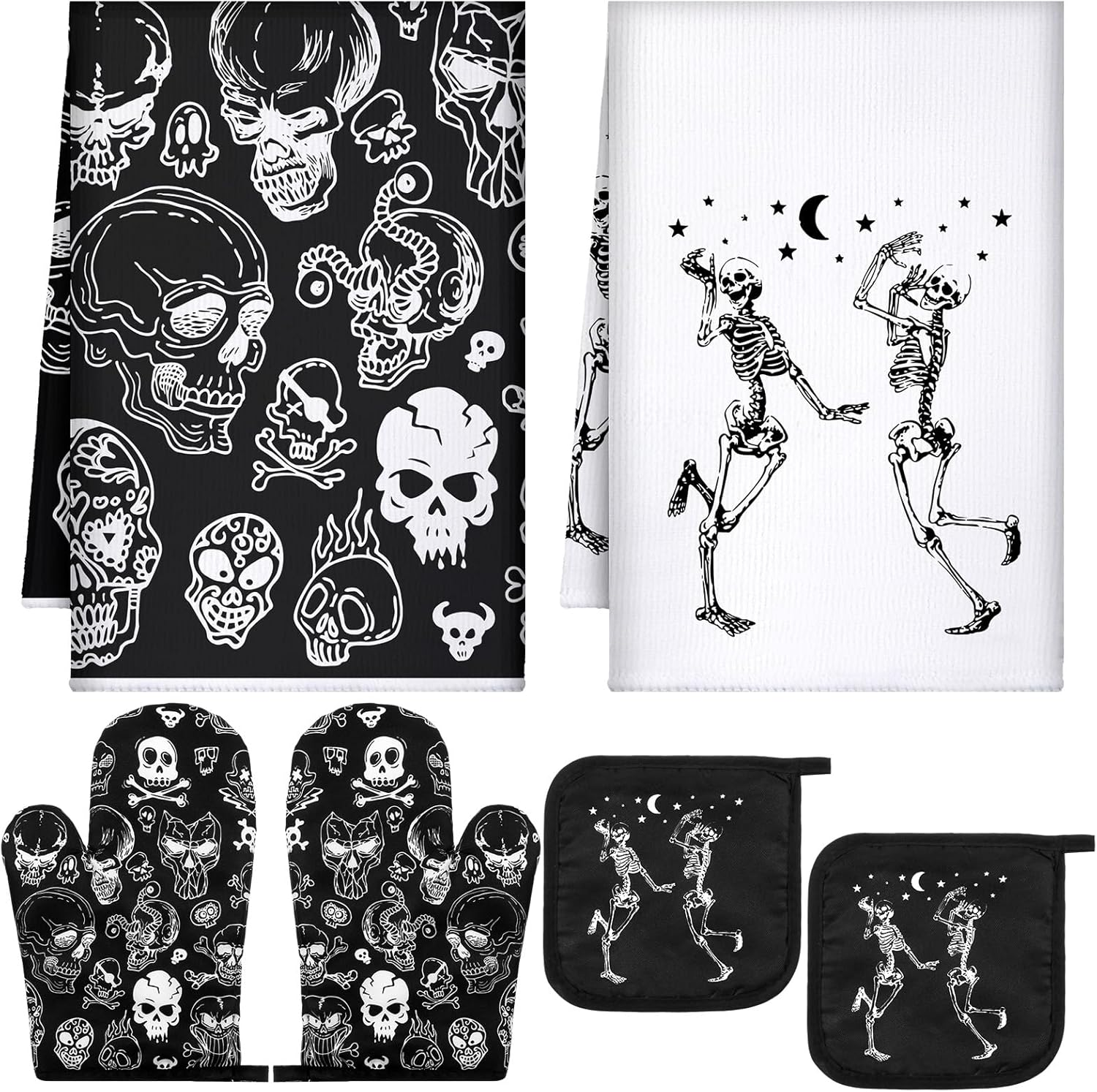 6 Pcs Skull Kitchen Decor Set Kitchen Towels Gothic Oven Mitts and Pot Holders Skeleton Hand Dish Towels Horror Oven Mitts for Home Decoration Party Gifts (Classic Color,Skull)