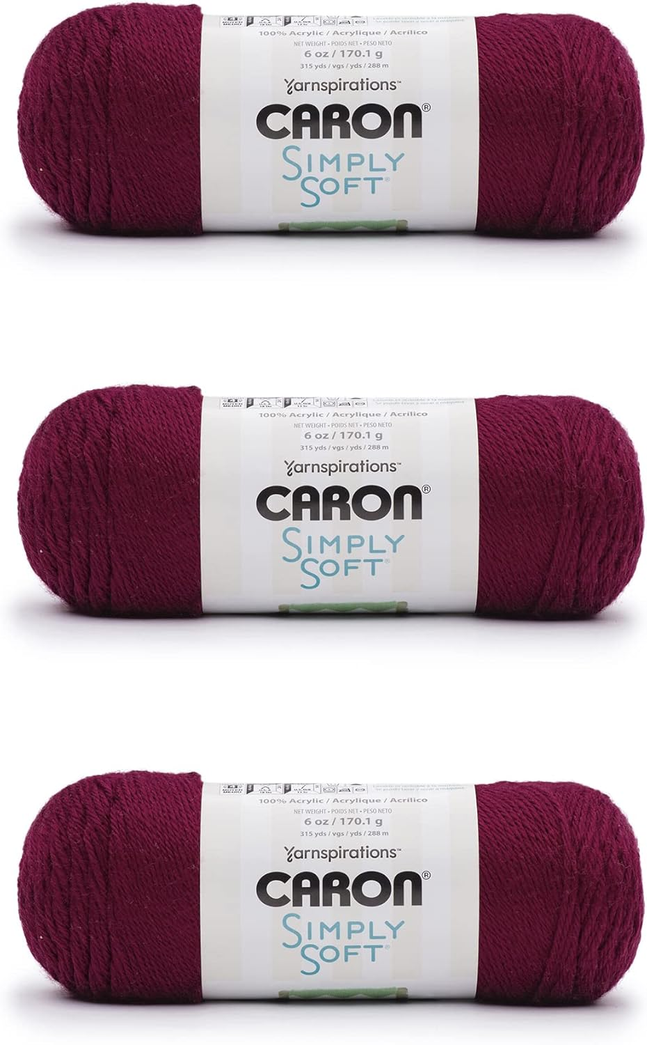 Simply Soft Burgundy Yarn - 3 Pack of 170G/6Oz - Acrylic - 4 Medium (Worsted) - 315 Yards - Knitting, Crocheting & Crafts