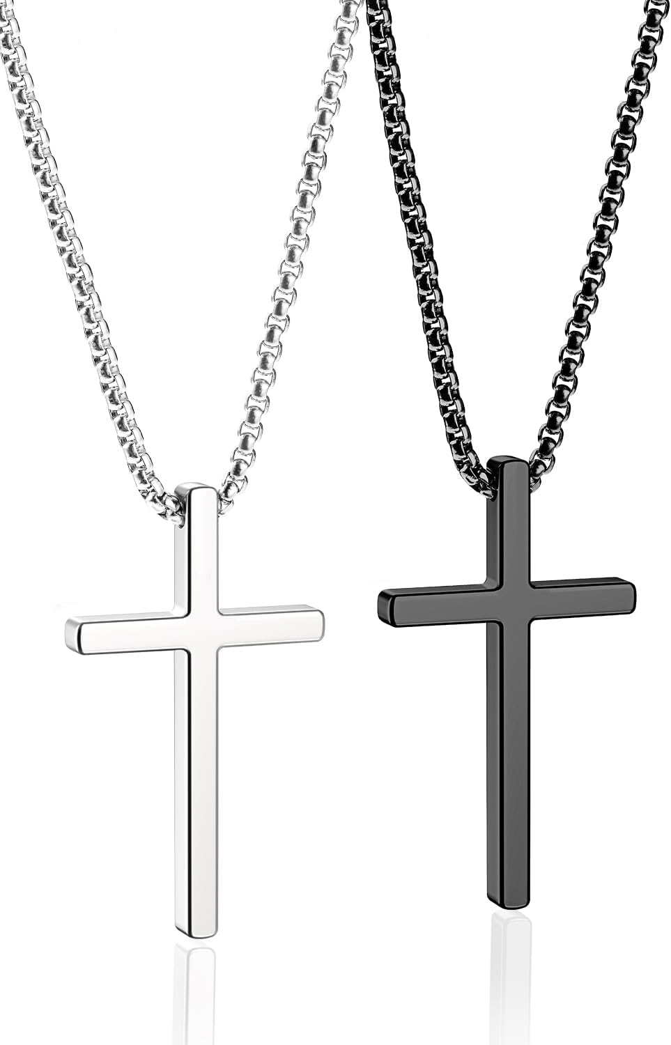 2 Pcs Cross Necklace for Men Boys,Stainless Steel Pendant Silver Black Gold Crosses Chain Jewelry Gifts Box 16-30 Inches