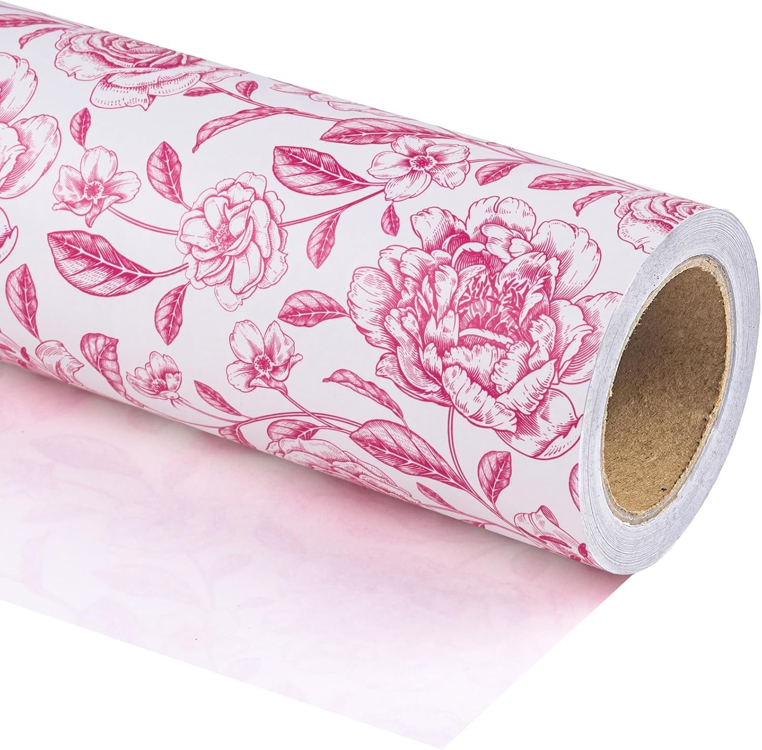 Kraft Floral Wrapping Paper Roll - Mini Roll - 17 Inch x 33 Feet - Vintage Toile Pink Floral Paper for Birthday, Bridal Shower, Wedding, Baby Shower