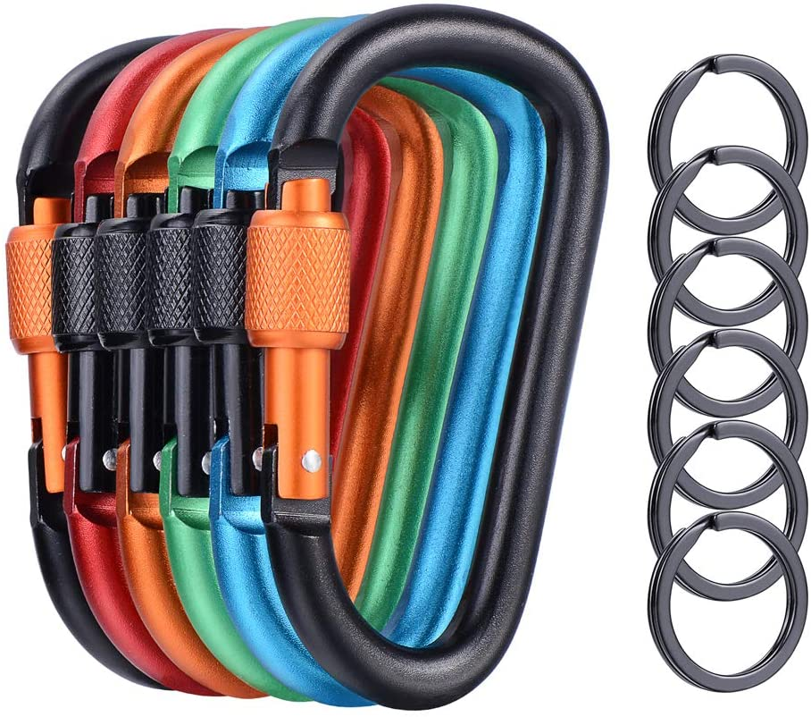 6 Pcs Upgraded D-Ring Locking Carabiner, 3.1 Inch D Shape Keychain Clips for Outdoor, Camping, Hiking, Fishing, Home RV, Travel, 6 Spring-Loaded Gate Hook with 6 Key Rings