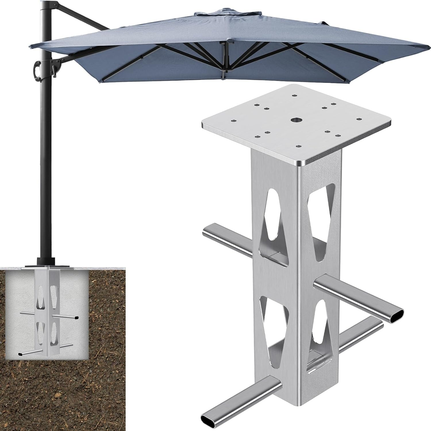 Heavy Duty In-Ground Umbrella Base, Universal Steel Rustproof Steel Ground Umbrella Stand, Space-Saver Steel Anchor for Outdoor Offset Cantilever and Middle Pole Patio Umbrellas