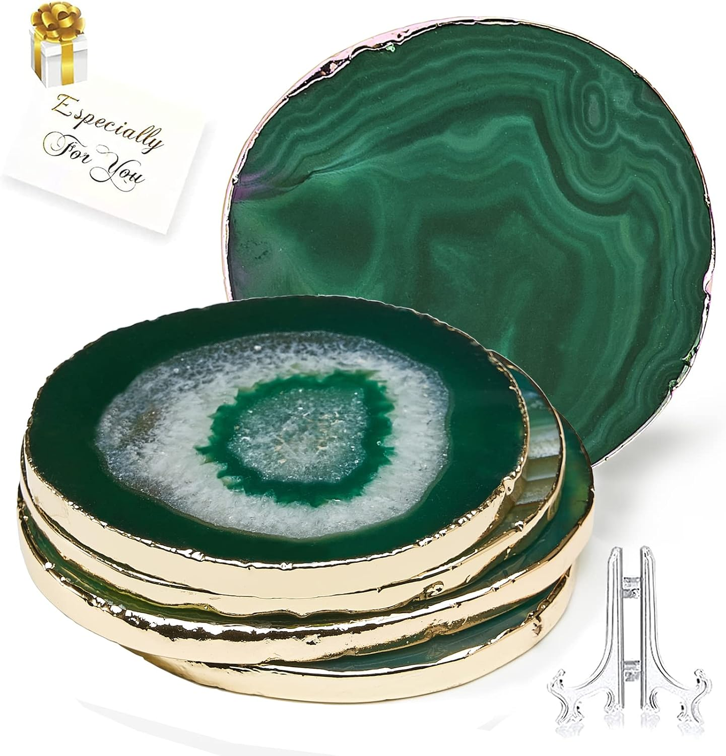 Green Agate Coasters Set of 4,Natural Geode Coasters Agate Slices Gold Rim 4-3.5