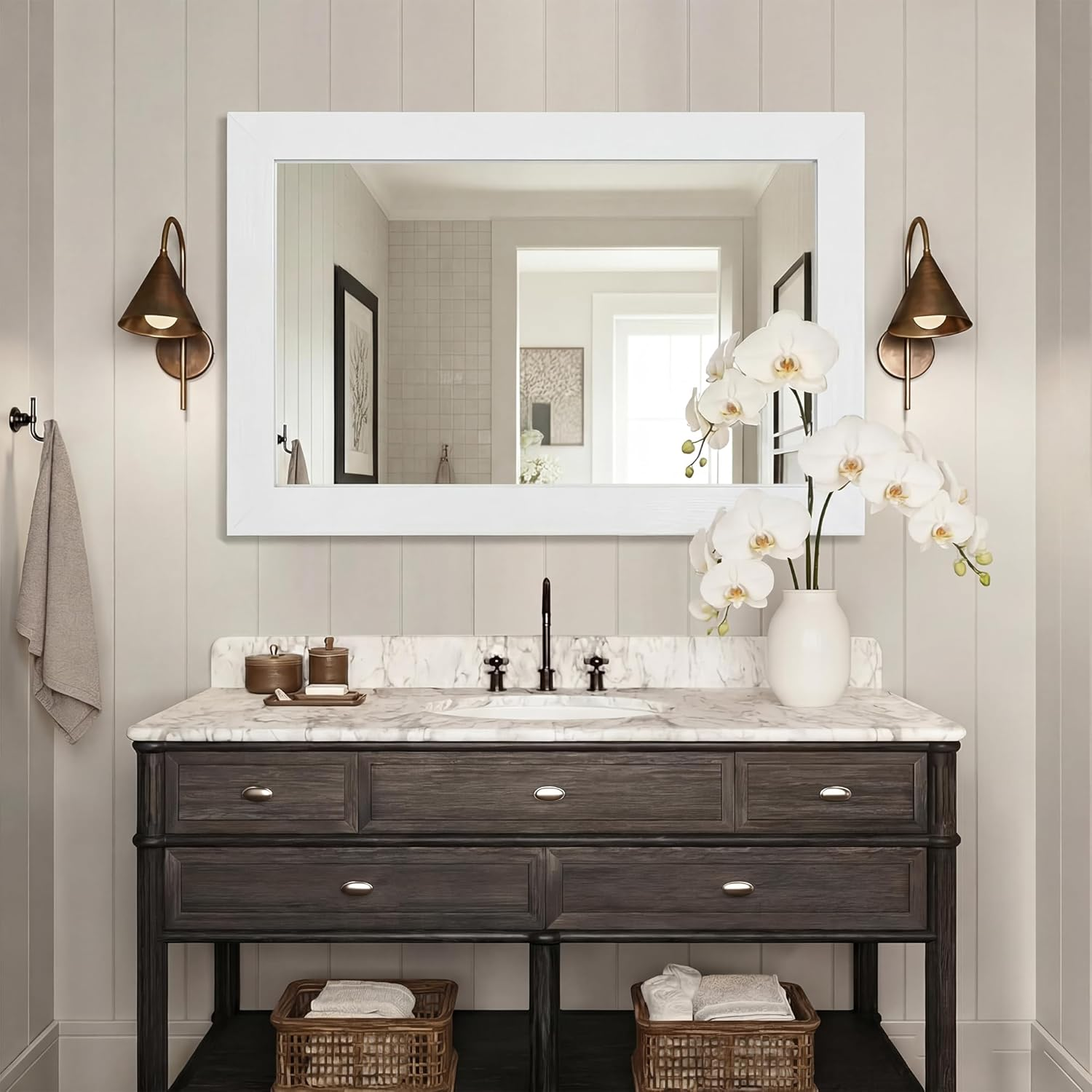 54''X36'' Rustic Wall Mirror for Bathroom White Wood Frame, Classic Rectangle Mirror Farmhouse Vanity Wall Mirror Decor Living Room, Bedroom, Entryway
