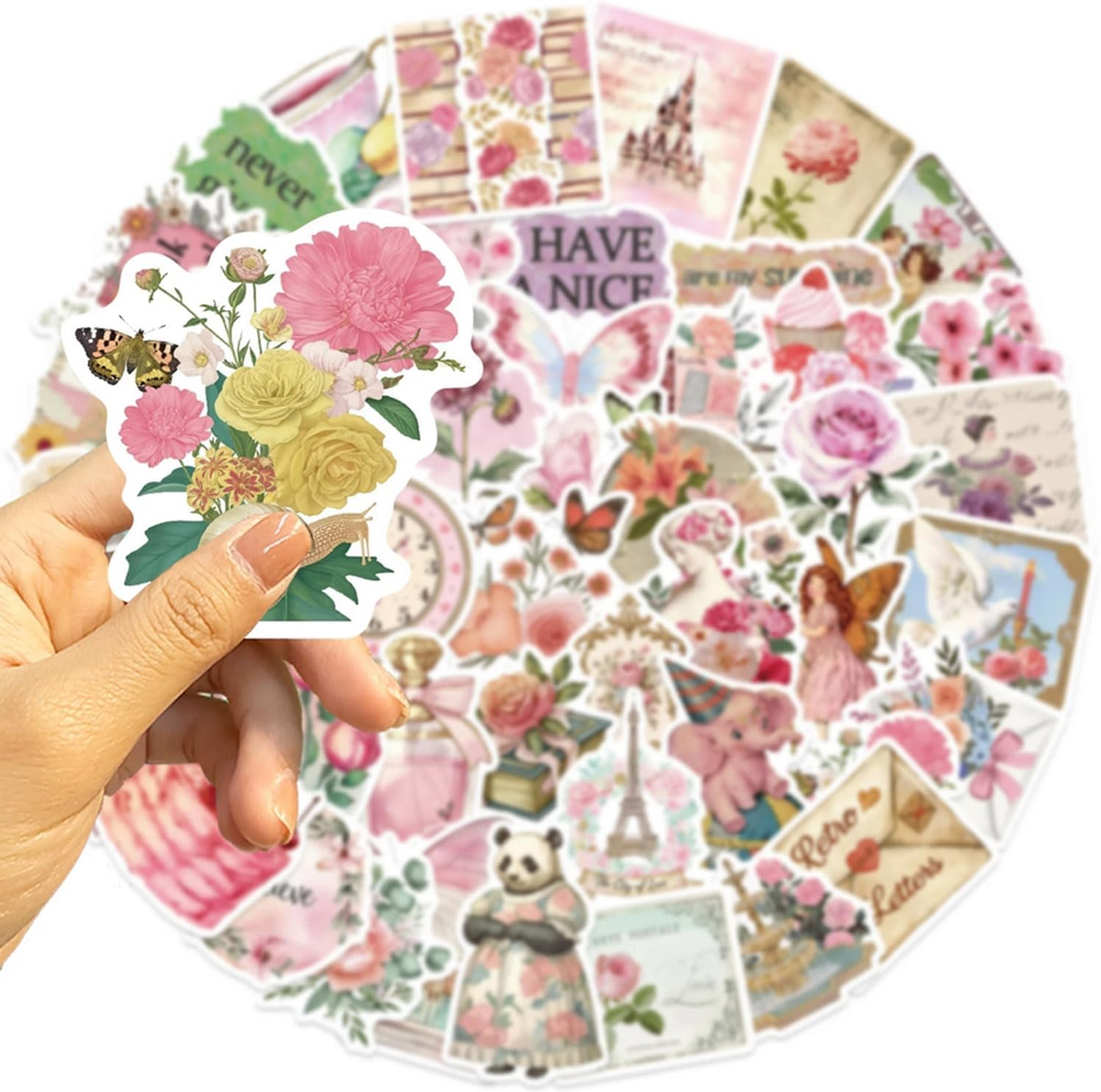 50PCS Retro Pink Collage Doodles Sticker Butterfly Flower Letter Theme PVC St... - Picture 5 of 14