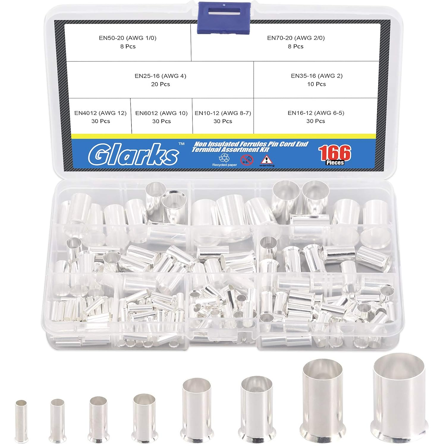 166Pcs 8 Sizes AWG 12 10 8 6 4 2 1 2/0 Wire Ferrules Kit Silver Plated Copper Crimp Connector Non Insulated Ferrules Pin Cord End Terminals Assortment Kit