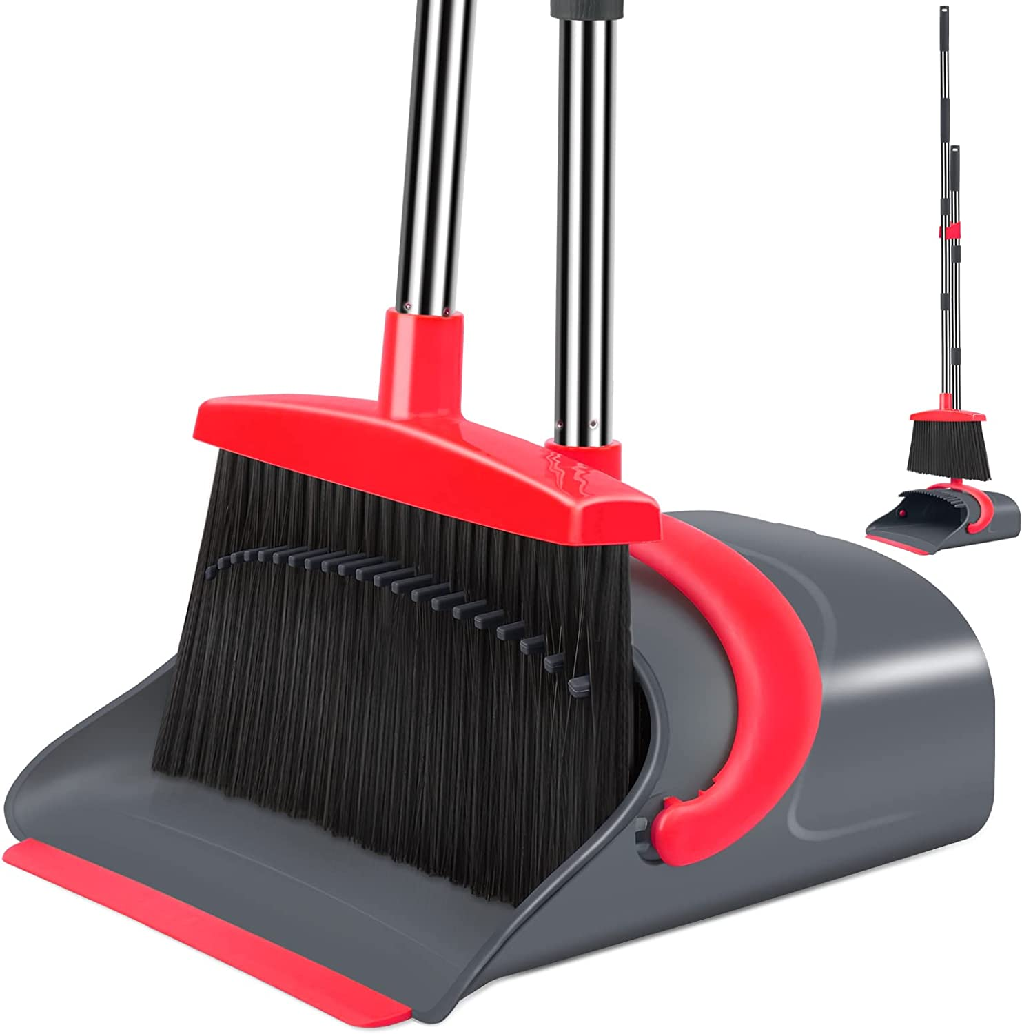 Broom with Dustpan Combo Set, Broom with Dust Pan Set, Long Handle Broom and Dustpan Set for Home Kitchen Room Office Lobby Indoor Floor Cleaning, Upgrade Dust Pan and Broom Set(Gray Red)