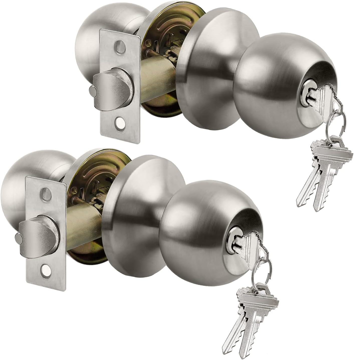 [2 Pack] Entry Door Knob with Lock, Keyed Different Door Lock for Exterior Door and Front Door, Standard Ball, Satin Nickel