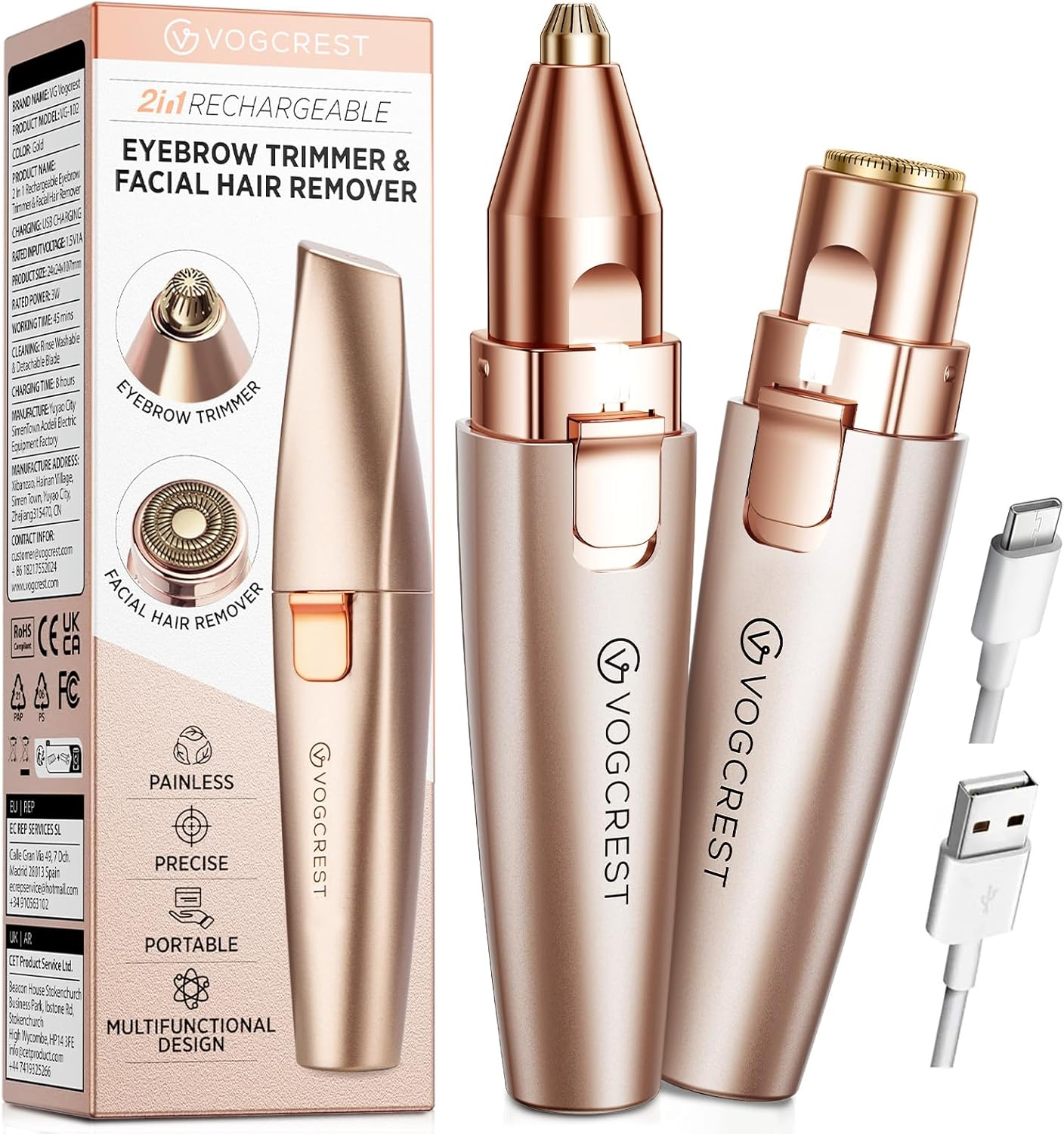 2-in-1 Facial & Eyebrow Trimmer – Rose Gold, LED