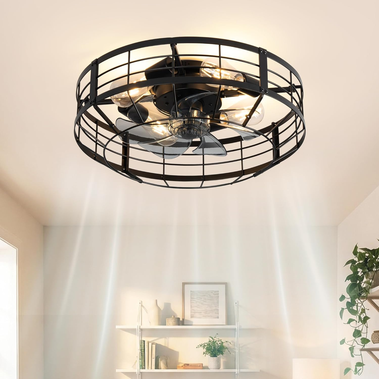 20 in Farmhouse Caged Ceiling Fan with Light and Remote, Bladeless Flush Mount Fan Lights Ceiling Fixtures, Need Assembly, 6 Speeds Reversible Motor Indooor Lights for House Kitchen, Bedroom, Black