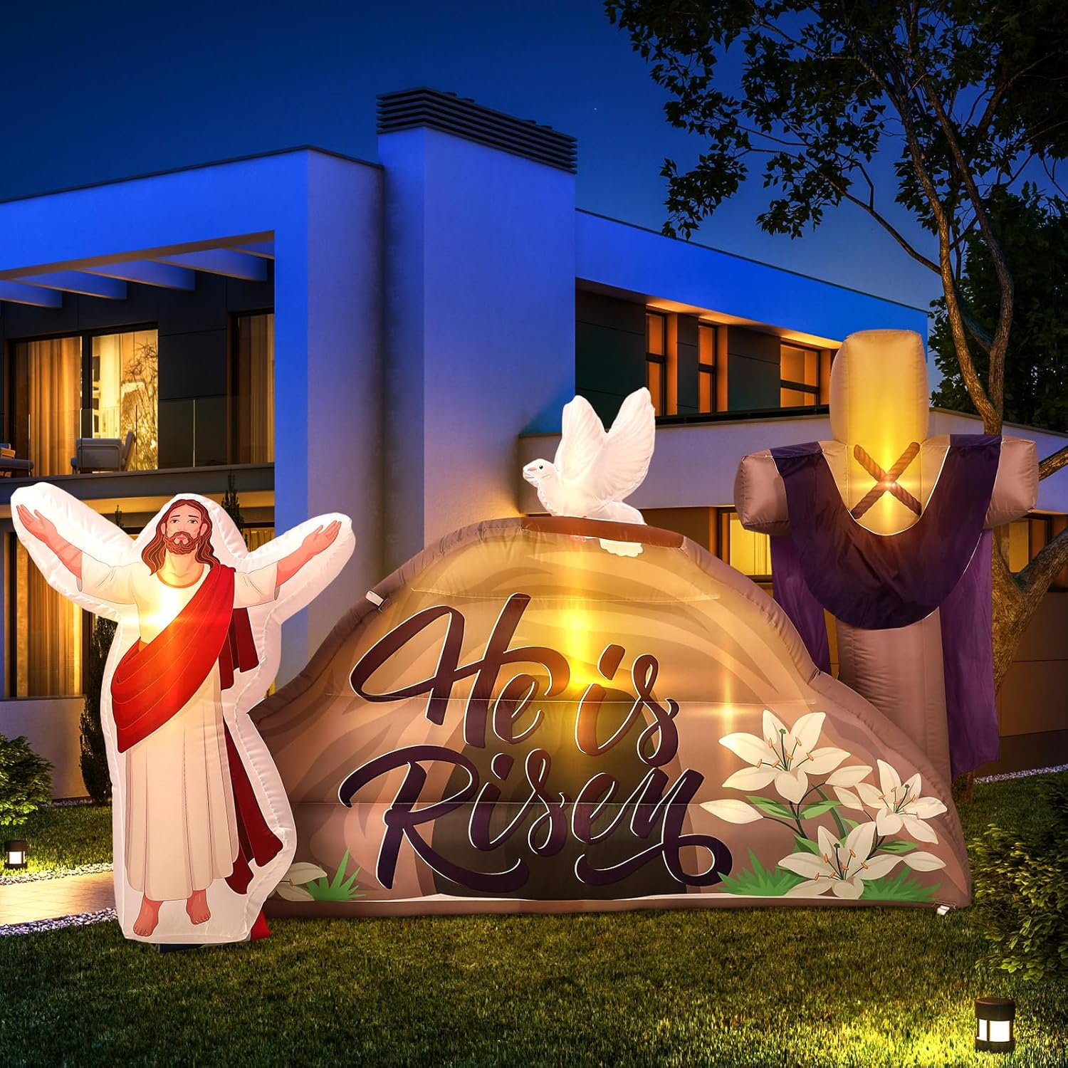 7.2 FT Long Easter Inflatables Outdoor Decorations He Is Risen Inflatables Blow up Yard Decorations with Cross LED Lighted Christian Jesus for Outdoor Holiday Yard Garden Lawn Party Decoration