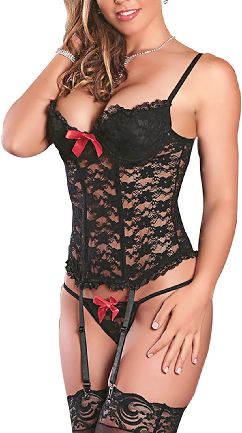 plus Size Sexy Corset Garter Belt Lingerie Set for Women Exotic Floral Lace Camisole Sleepwear