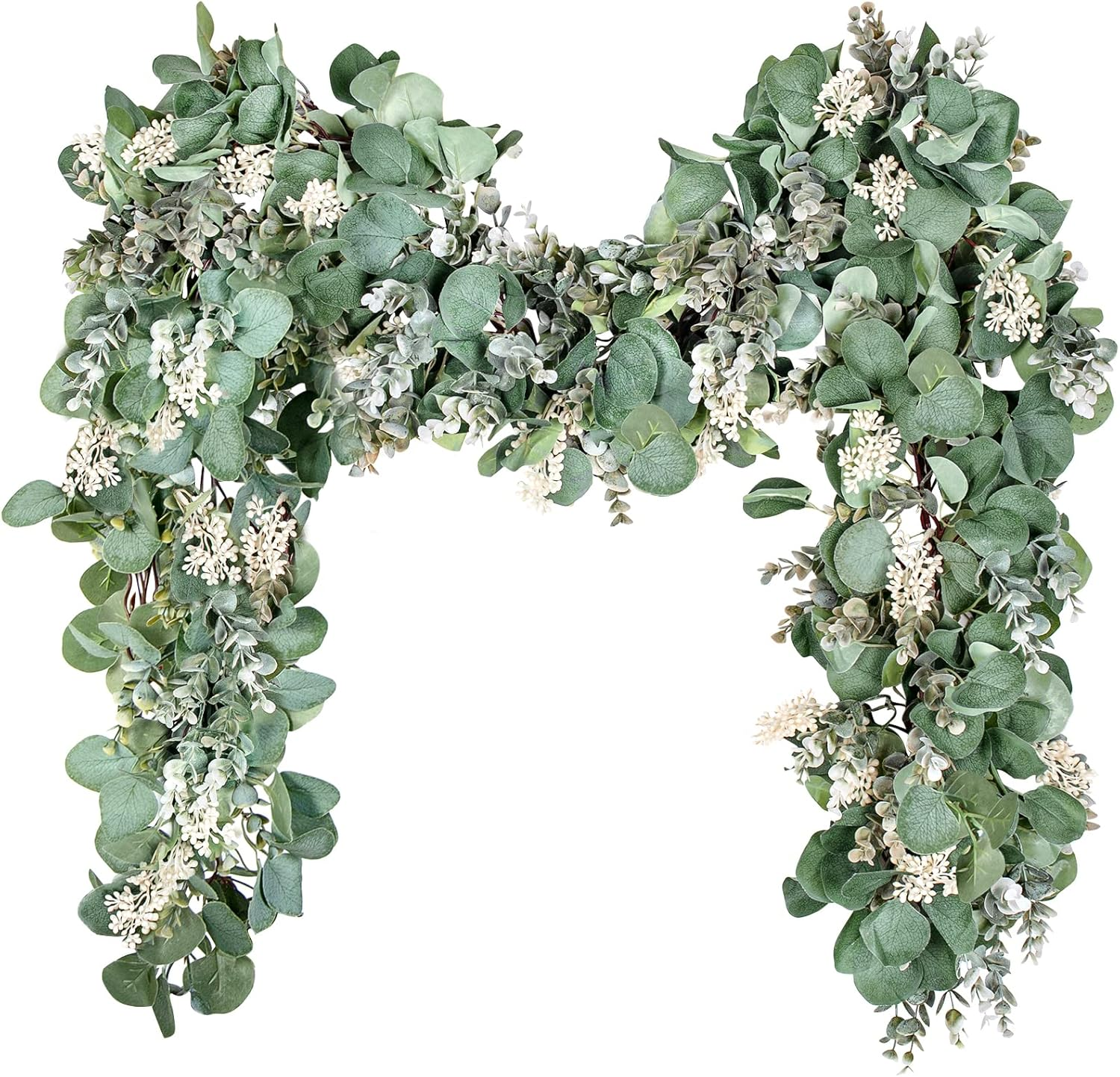 Eucalyptus Garland 6.56 Ft Lush Silver Dollar Leaves Boxwood with White Buds Artificial Faux Greenery Vines for Baby Shower Wedding Party Table Runner Room Home Mantle Decor