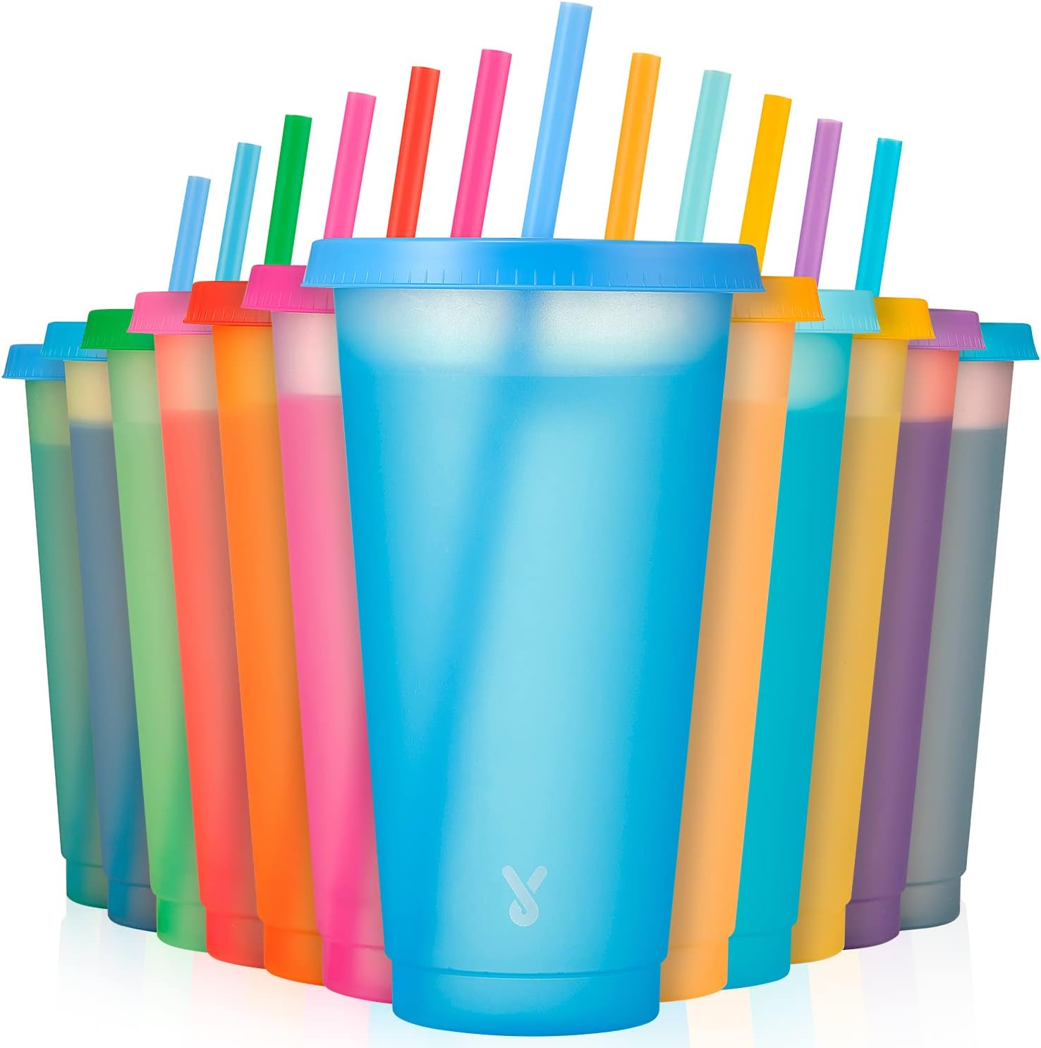 Plastic Color Changing Cups - 12 Pack 24 oz, Reusable with Lids and Straws for Adults, Kids, Parties, Cute Cold Cups for Iced Coffee