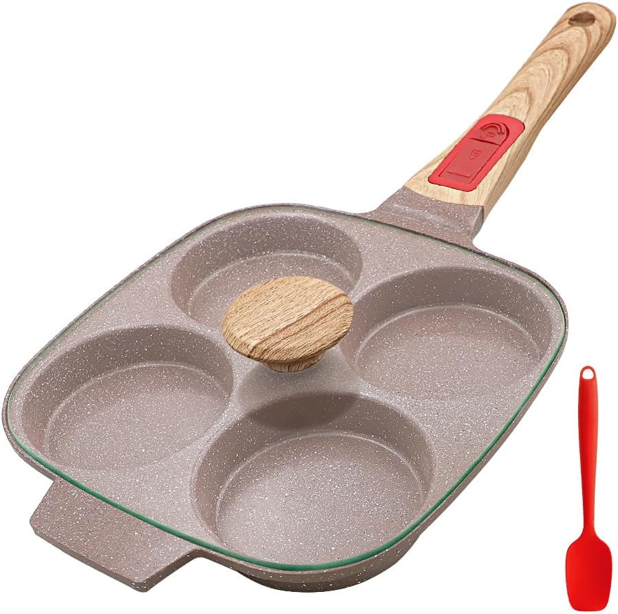 Ceramic Egg Frying Pan with Lid, Nonstick 4 Cup Fried Egg Pan with Detachable Handle, Omelette Pan Induction Compatible - Brown