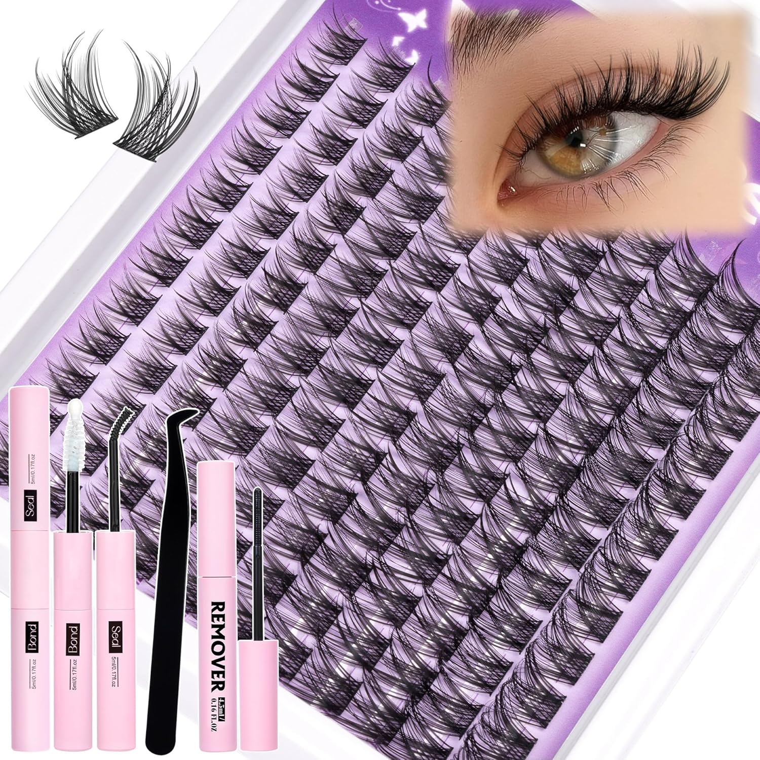Natural Lash Clusters Kit Wispy Eyelash Clusters Cc-Curly Cluster Eyelash Extensions 132 Pcs Individual Lash Extensions DIY Lash Extension Kit with Lash Bond and Seal and Remover Lash Kit by
