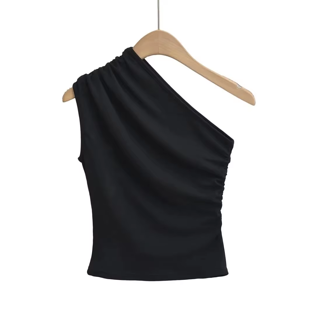 Pleated One-Shoulder Sexy Vest Top New Sexy Off-The-Shoulder T-Shirt