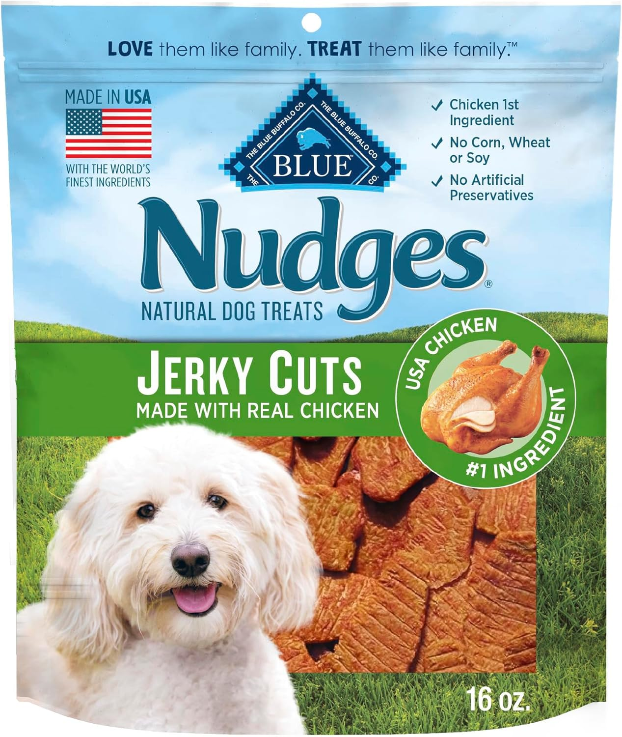 Nudges Jerky Bites Dog Treats, Made in the USA with Natural Ingredients, Bite-Sized Pieces, Chicken, 16-Oz Bag