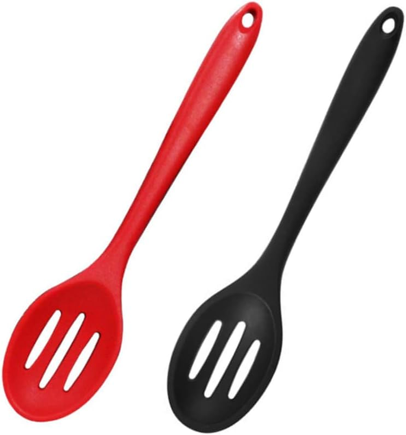 2 Pack Nonstick Silicone Slotted Spoons,High Heat Resistant Cooking Baking Spoons Ladle Set for Stirring, Mixing, Serving, Draining Tool (Red, Black)