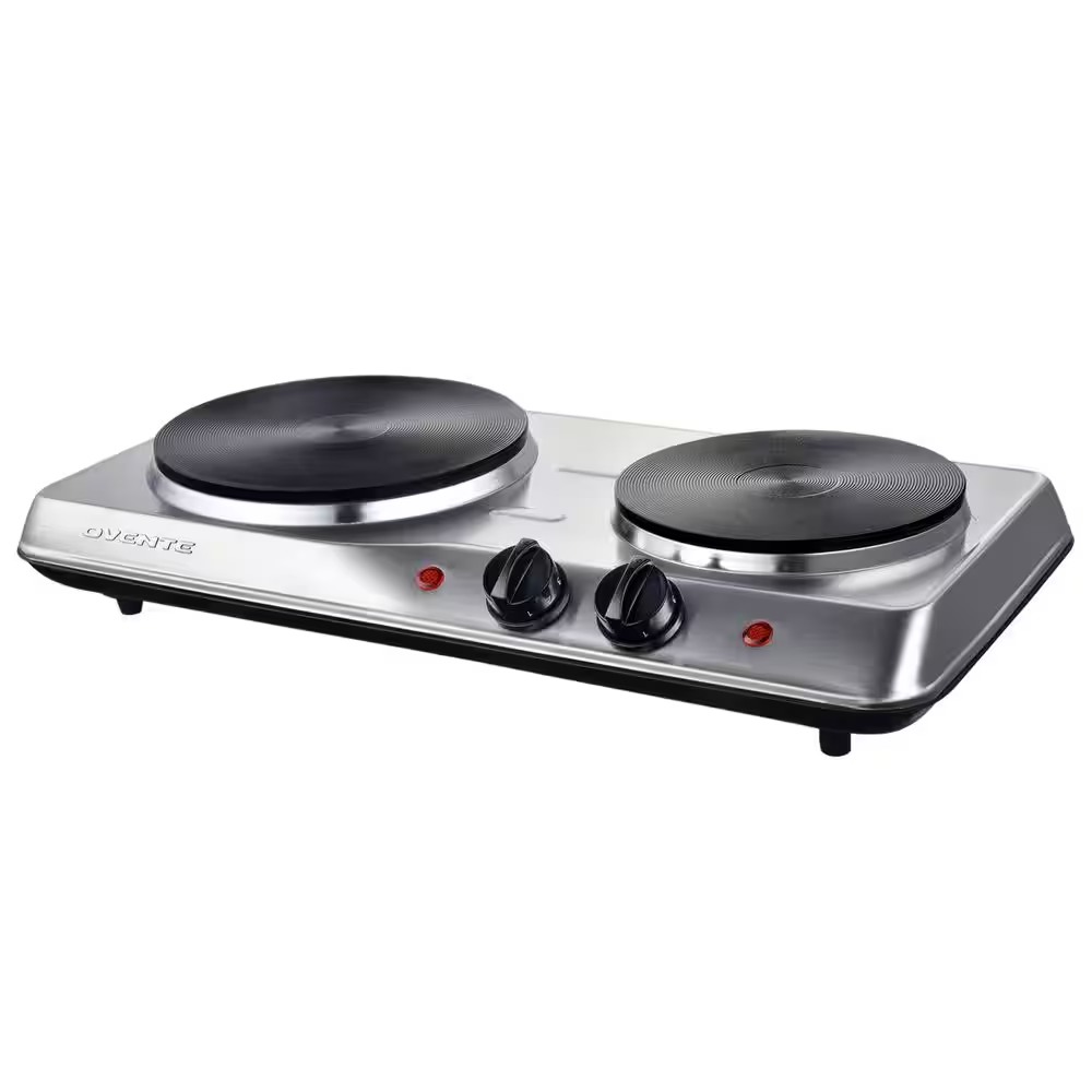 Double Burner Electric Stove Cast Iron Hot Plates Heavy Duty Cooktop Silver