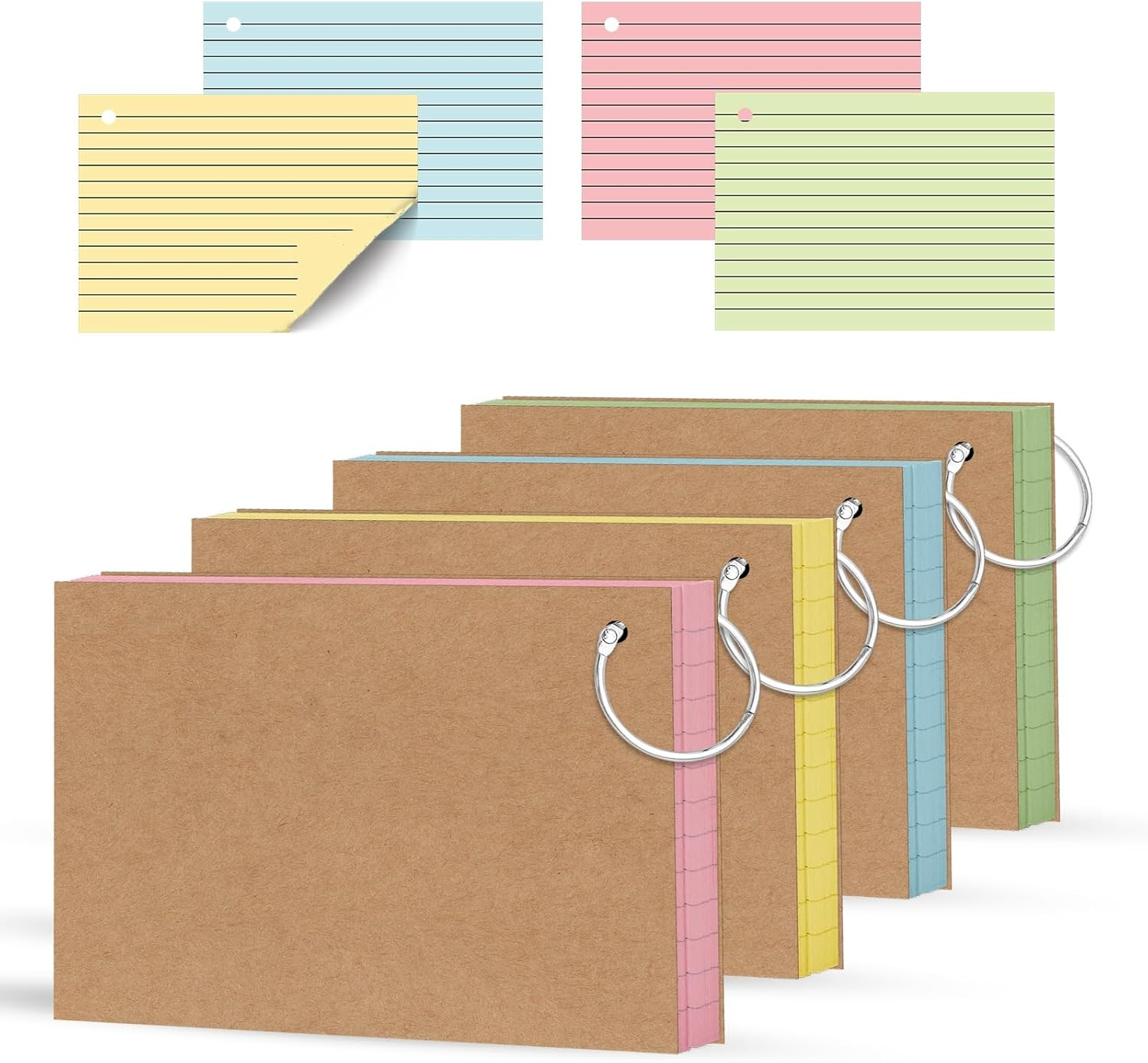 200 Count Colored Index Cards 3x5 Inch，Flashcards with Ring 4 Color，Heavy Weight Lined Ruled Note Cards for Studying, Office, School and Home