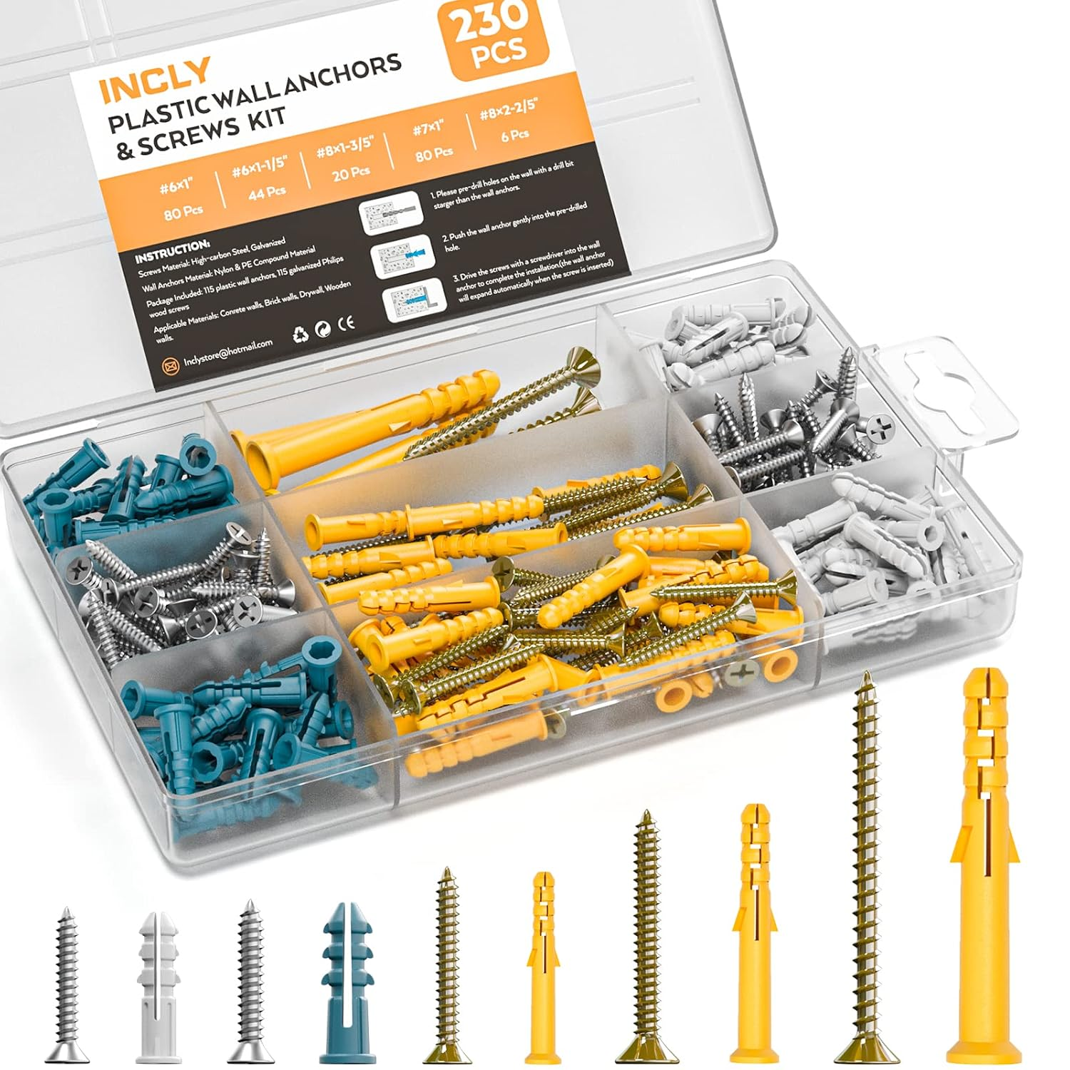 230 PCS Drywall Anchors and Screws Assortment Kit,115 Plastic Self Drilling Wall Anchors for Drywall and 115 Flat Head Screw,5 Sizes Heavy Duty Galvanized Screw and Wall Plug Bolts with Box