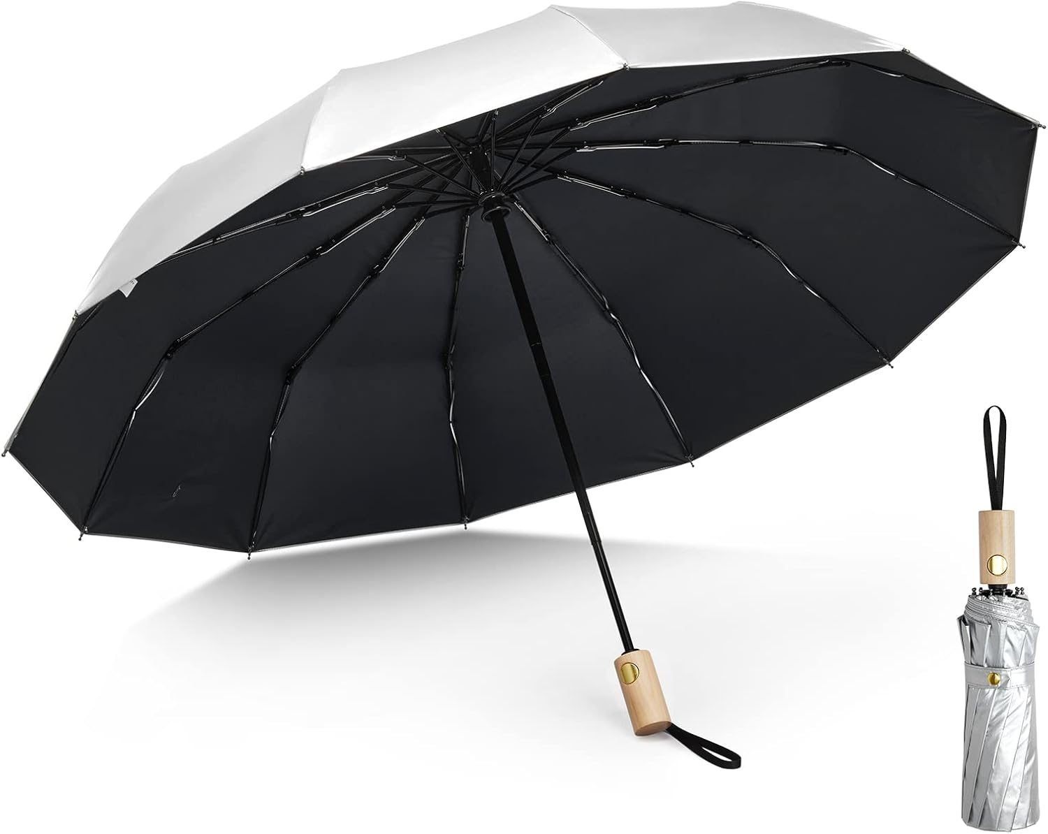 G4Free 46 Inch UPF 50+ UV Protection Large Travel Umbrella with Wooden Handle, 12 Fibreglass Ribs Super Windproof Sun Blocking Folding Umbrella Auto Open Close