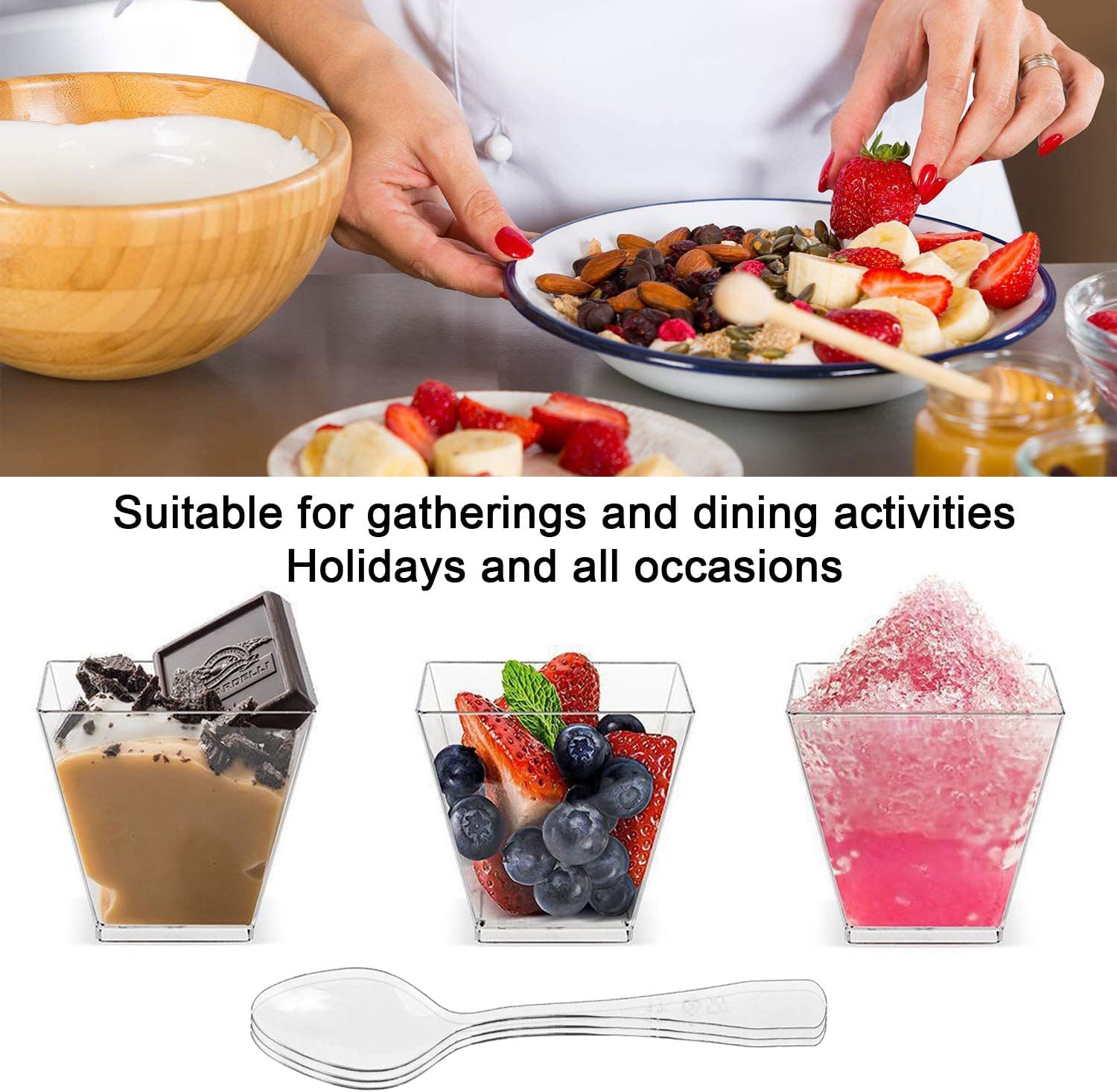 50 Pcs Dessert Cups, 200ml/7oz Clear Plastic Cups with Lids & Spoons, Small R... - Picture 7 of 13