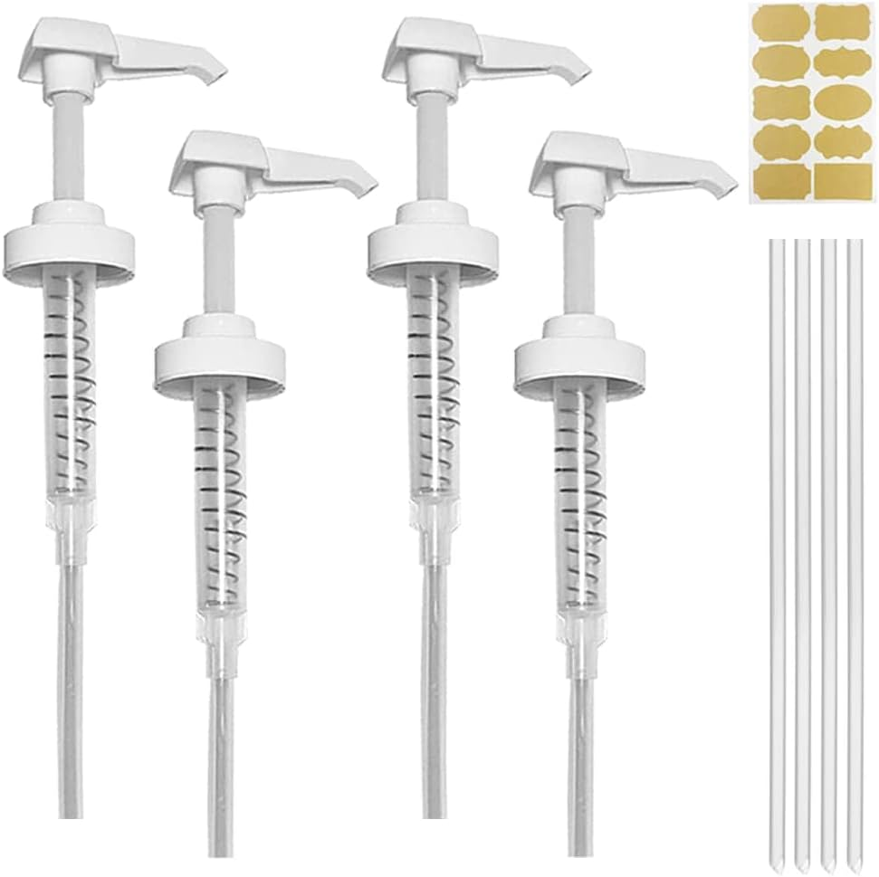 4 Pack Gallon Jug Pump Dispenser 38-400 White Pump for Gallon Jug Dispensing - 7cc Lotion Gallon Shampoo Pump Top Replacement, Fits 1 Gallon Bottle 64oz 128oz Hand Sanitizer Containers, Plus Labels