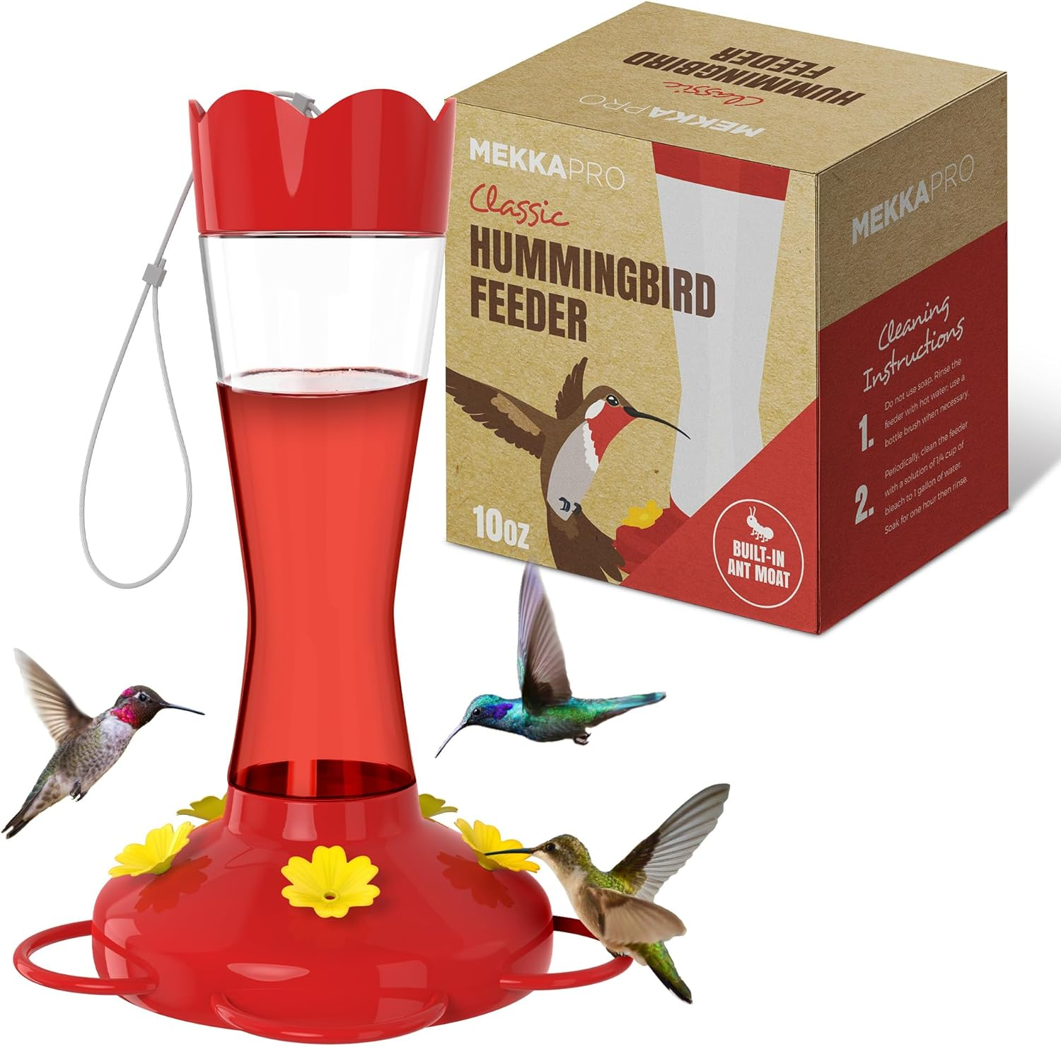 Outdoor Hummingbird Feeder Made from Glass, Humming Bird Feeders for Outdoors Hanging Ant and Bee Proof with 5 Nectar Feeding Stations, Bright Red, Backyard Feeder (10 Ounces)