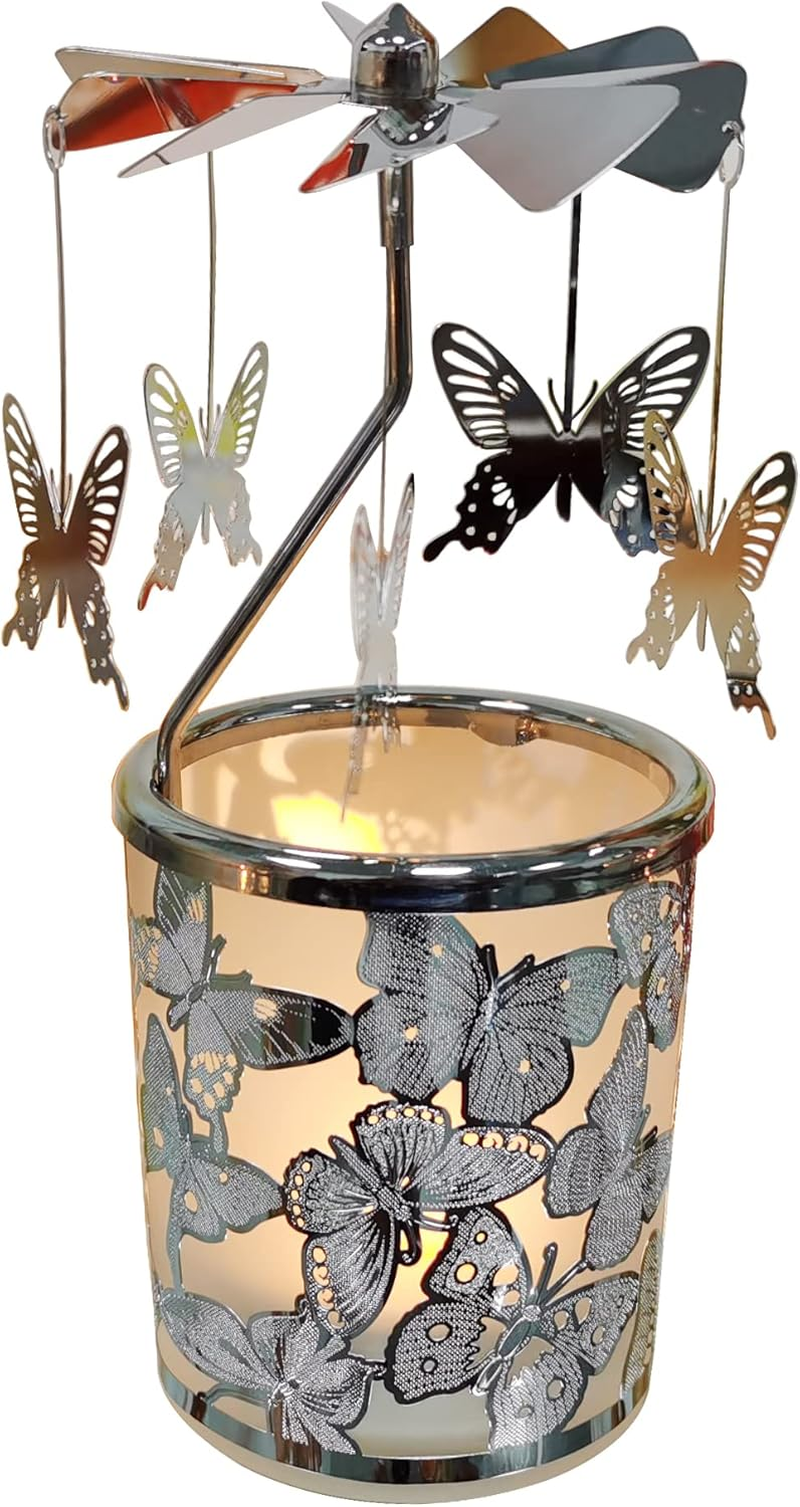 Carousel Candle Rotary Candle Holder Spinning Candleholder Metal Tea Light Candlestick for Home Decor (Silver Butterfly)