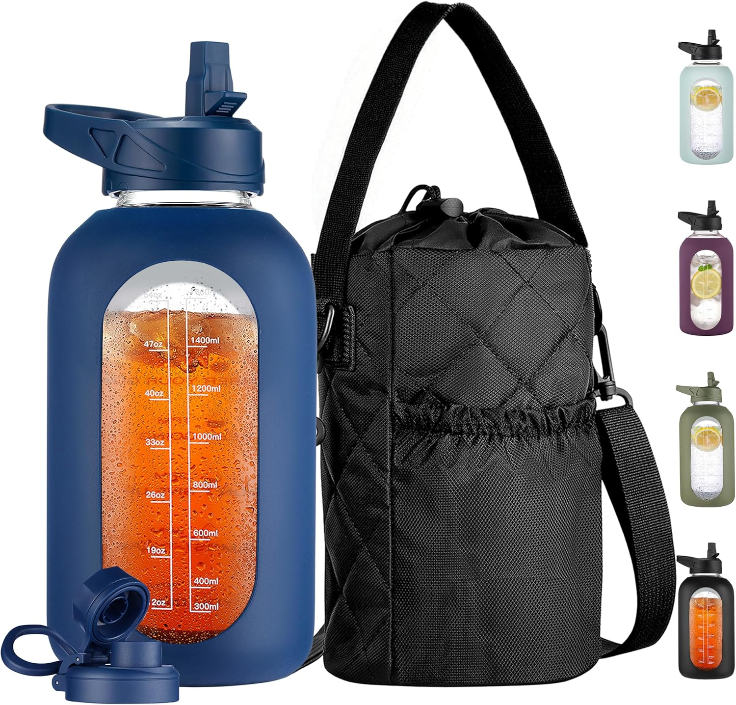 Half Gallon Glass Water Bottle with Straw and Insulated Bottle Holder Sling