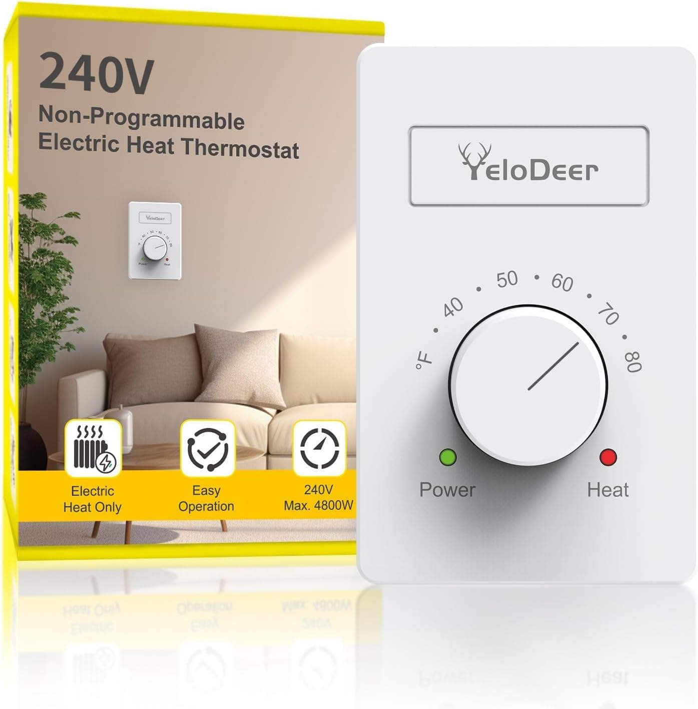 240 V Only 4-Wire Manual Electric Baseboard Heater Thermostat for Home, Yelodee