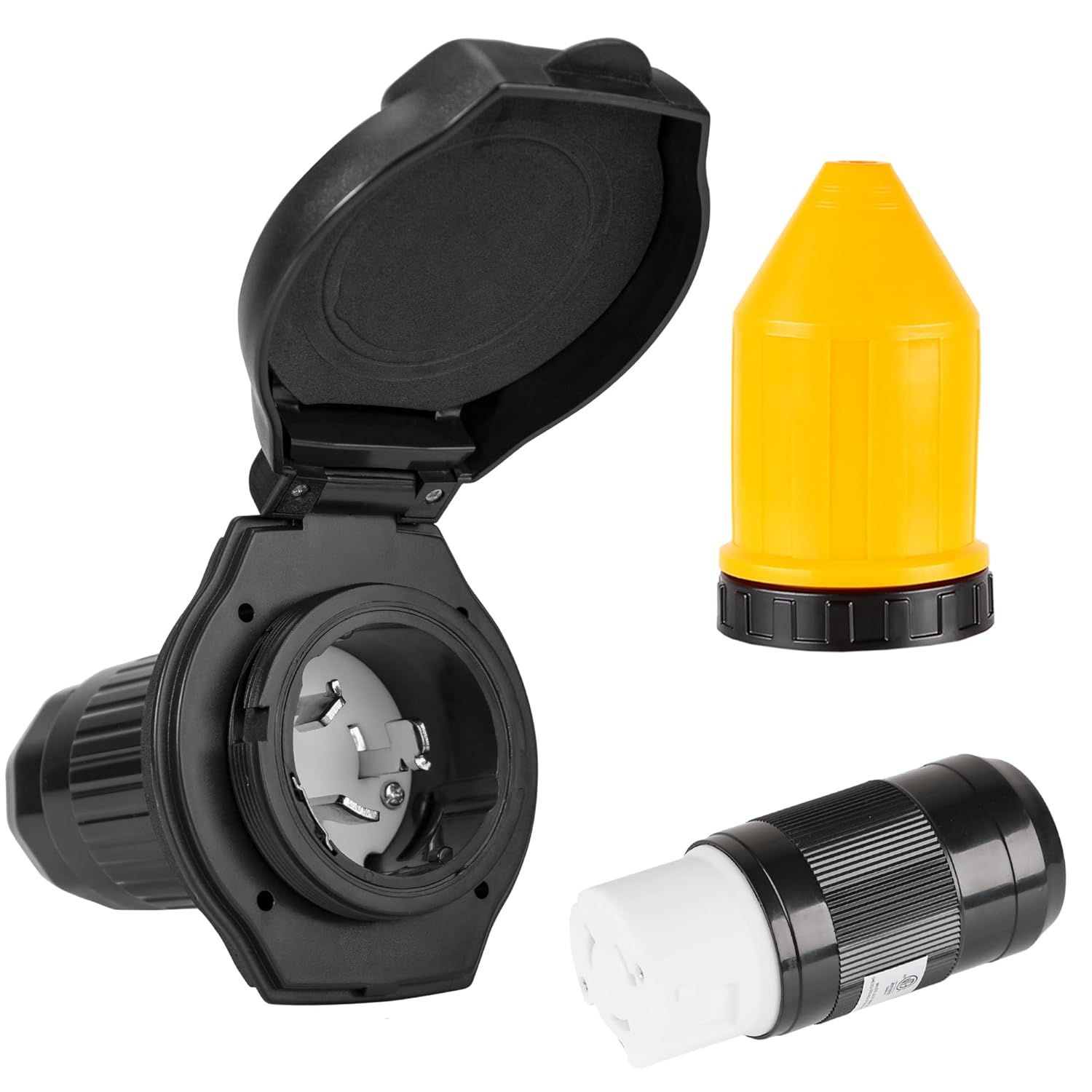 50 AMP RV Power Inlet Receptacle Power Plug 125/250V,Female Twist Locking Connector with Weatherproof Cover Boot Kit for RV Trailer Boat Caravan Camper,Nema SS2-50P Black Plug