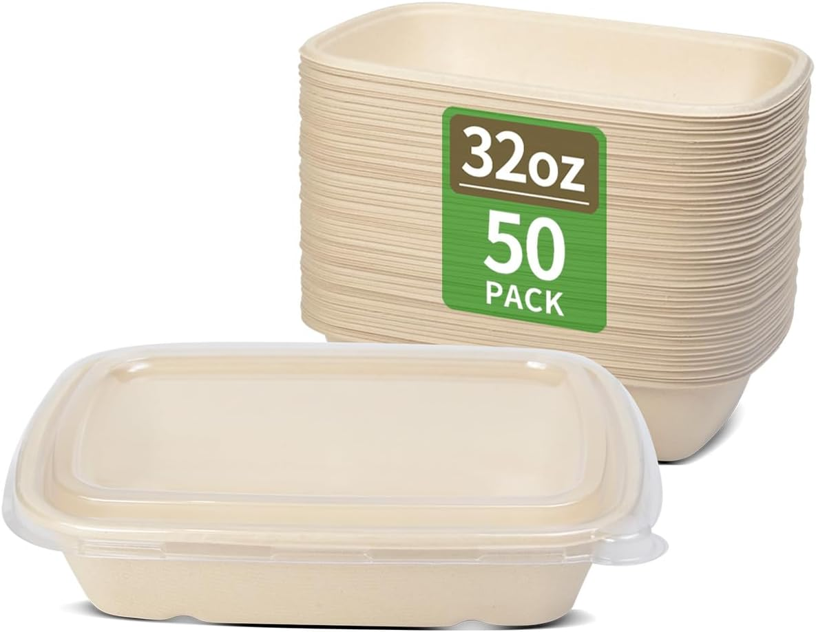 50 Pack 32 oz Paper Meal Prep Bowls with Lids for Salad, Pasta, Nacho, Burrito, Paper Meal Prep Container Take Out Food Container with Lid (50 bowls 50 lids)