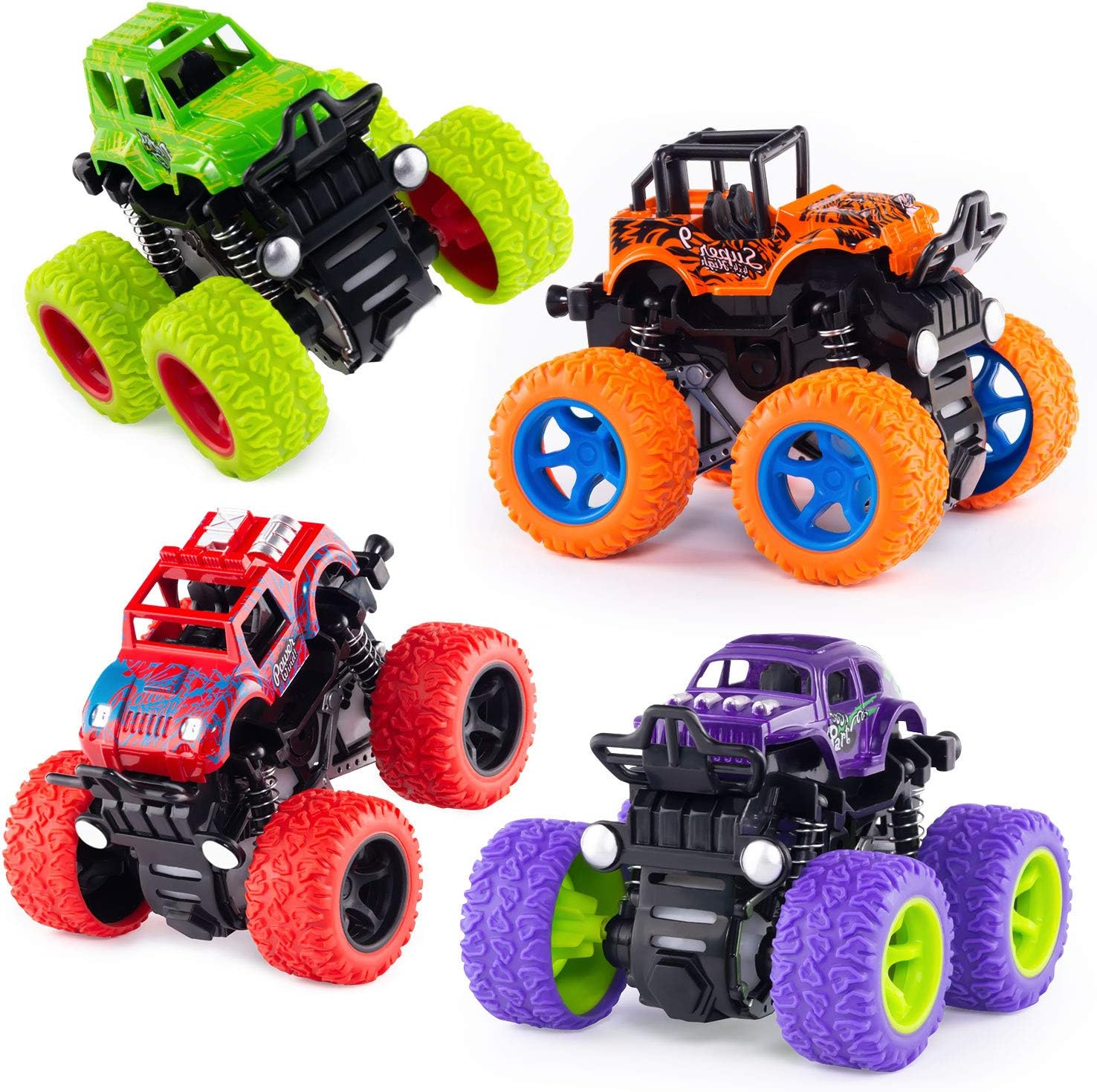 4 Pack Monster Truck Toys - Friction Powered Push and Go Toy Cars, Inertia Car Toy Set Stunt Toy Vehicles, Birthday Party Supplies for Boys and Girls