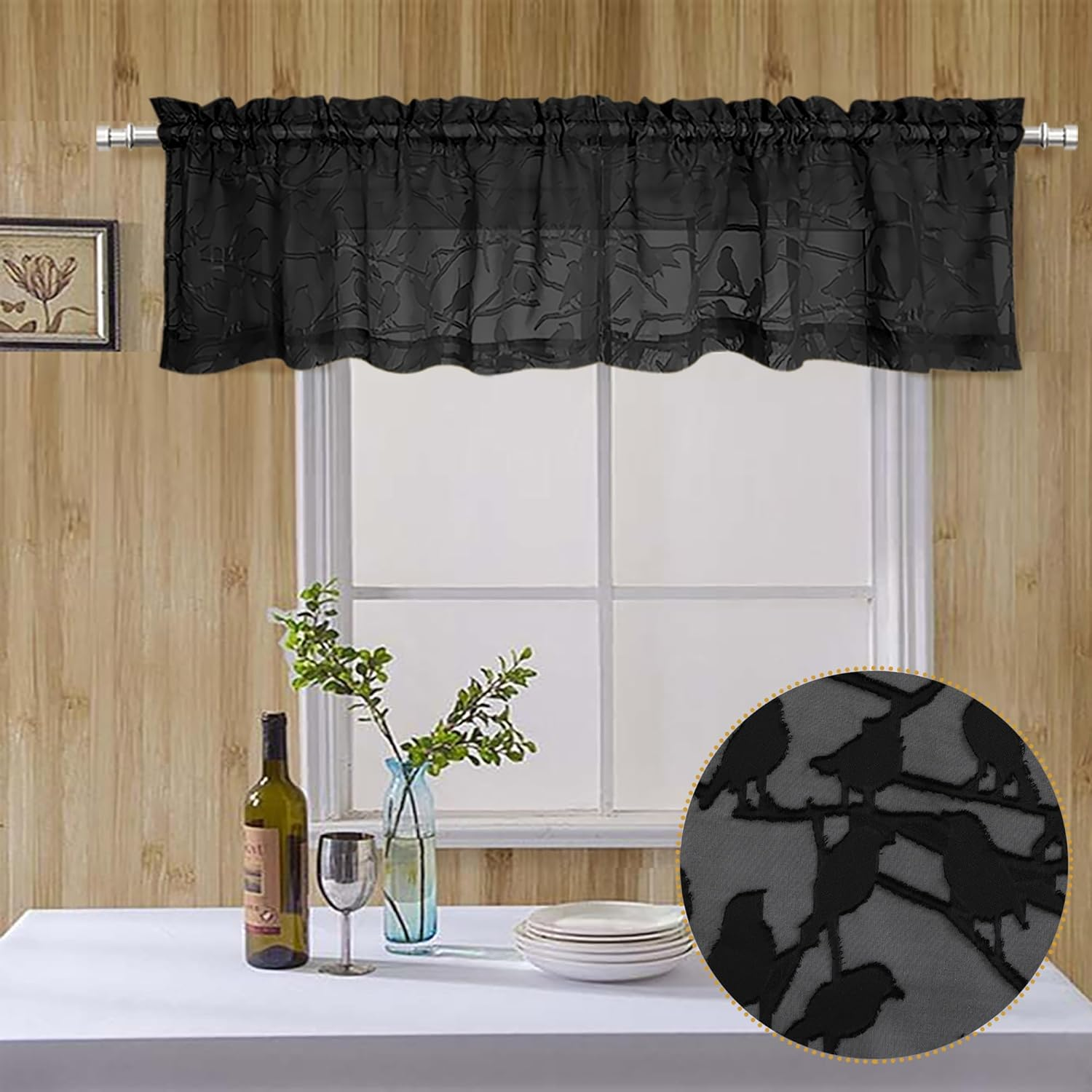 OVZME Anji Bird 2 Panels Sheer Kitchen Valances for Windows 14 Inches Long, Classic Rod Pocket Light Filtering Semi Black Sheer Curtains for Bedroom Basement Short Window, 38Wx14L Inches