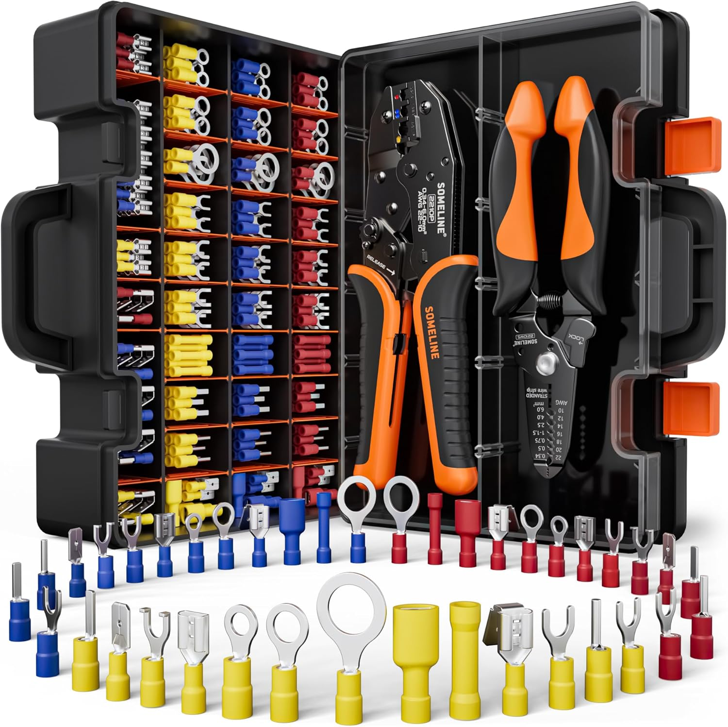 SOMELINE® Wire Terminals Crimping Tool, with 39 Sizes Insulated Ratcheting Terminals Crimper Kit of AWG 22-10 Insulated Electrical Butt Bullet Spade Fork Ring Spade Splice Crimp Terminals
