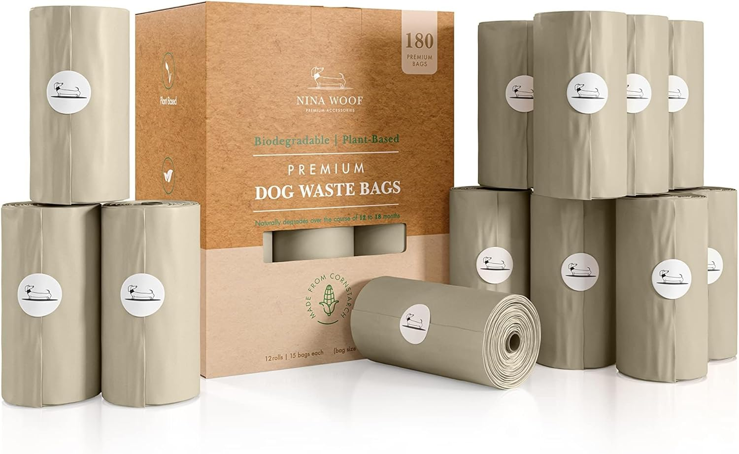 Compostable Dog Poop Bags, 180 Bags - Plant-Based, Thick