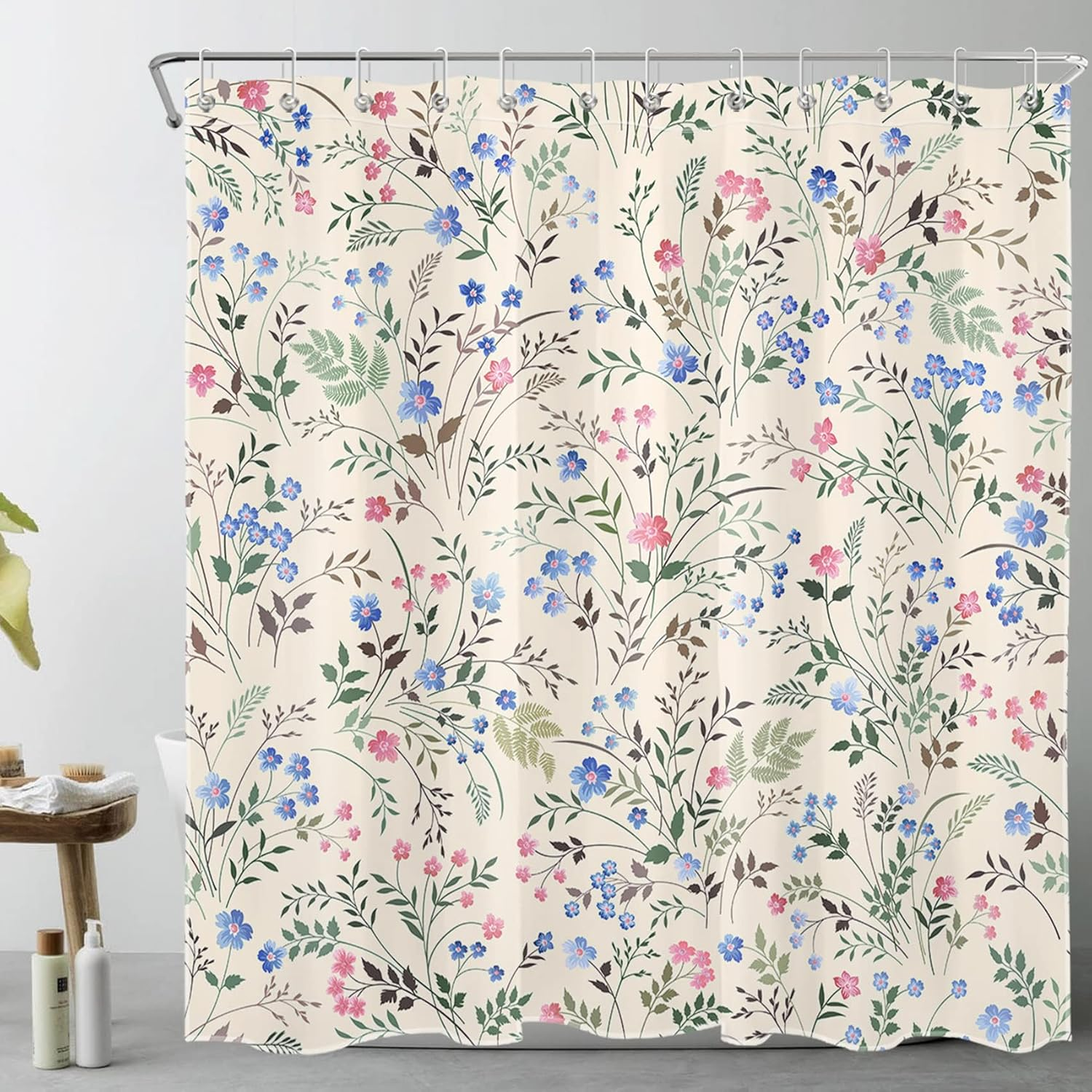 Blue and Pink Wildflower Shower Curtain for Bathroom Green Plant with Floral Shower Curtain Aesthetic Cottagecore Botanical Beige Shower Curtain Set with Hooks,72x72 inch