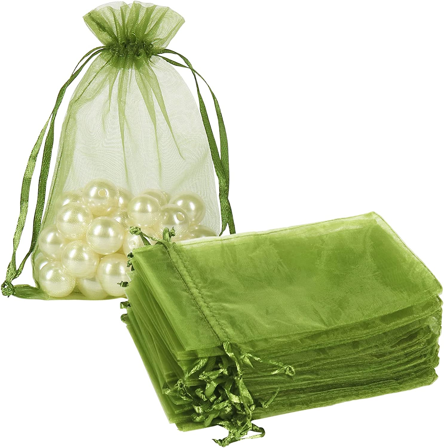 100pcs Organza Drawstring Bags Olive Green, 4 x 6 inch Candy Mesh Gift Bags Jewelry Pouches Small Christmas Sachet