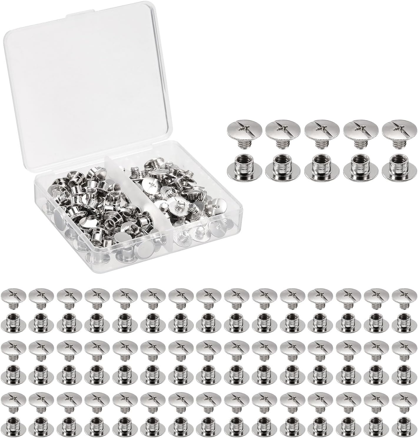 50 Sets Chicago Screws Leather Rivets, M5 3/16-Inch Belt Binding Metal Screws for Leathercraft, Bag, Shoes, Purse, Bookbinding, Silver, M5X4Mm