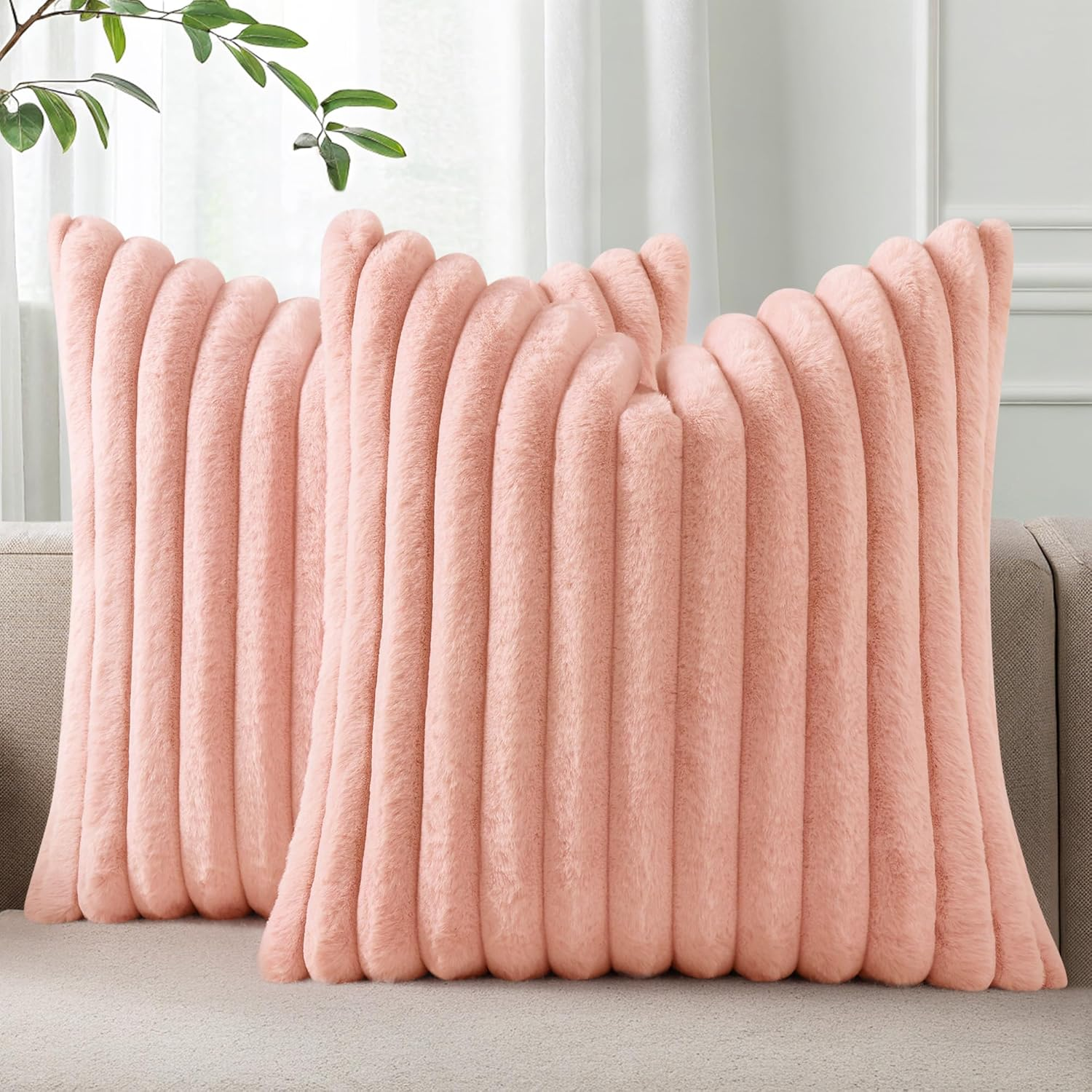 Faux Fur Plush Throw Pillow Covers 18x18 Set of 2, Luxury Soft Fluffy Striped Decorative Pillow Covers for Sofa, Couch, Living Room, Pink