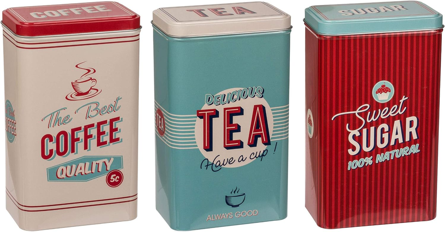 Set Retro Metal Tin Coffee Tea & Sugar - Coffee Canister, Tea Canister, Sugar Bowl with Lid (3-Piece Vintage Design Red/Turquoise/Cream)