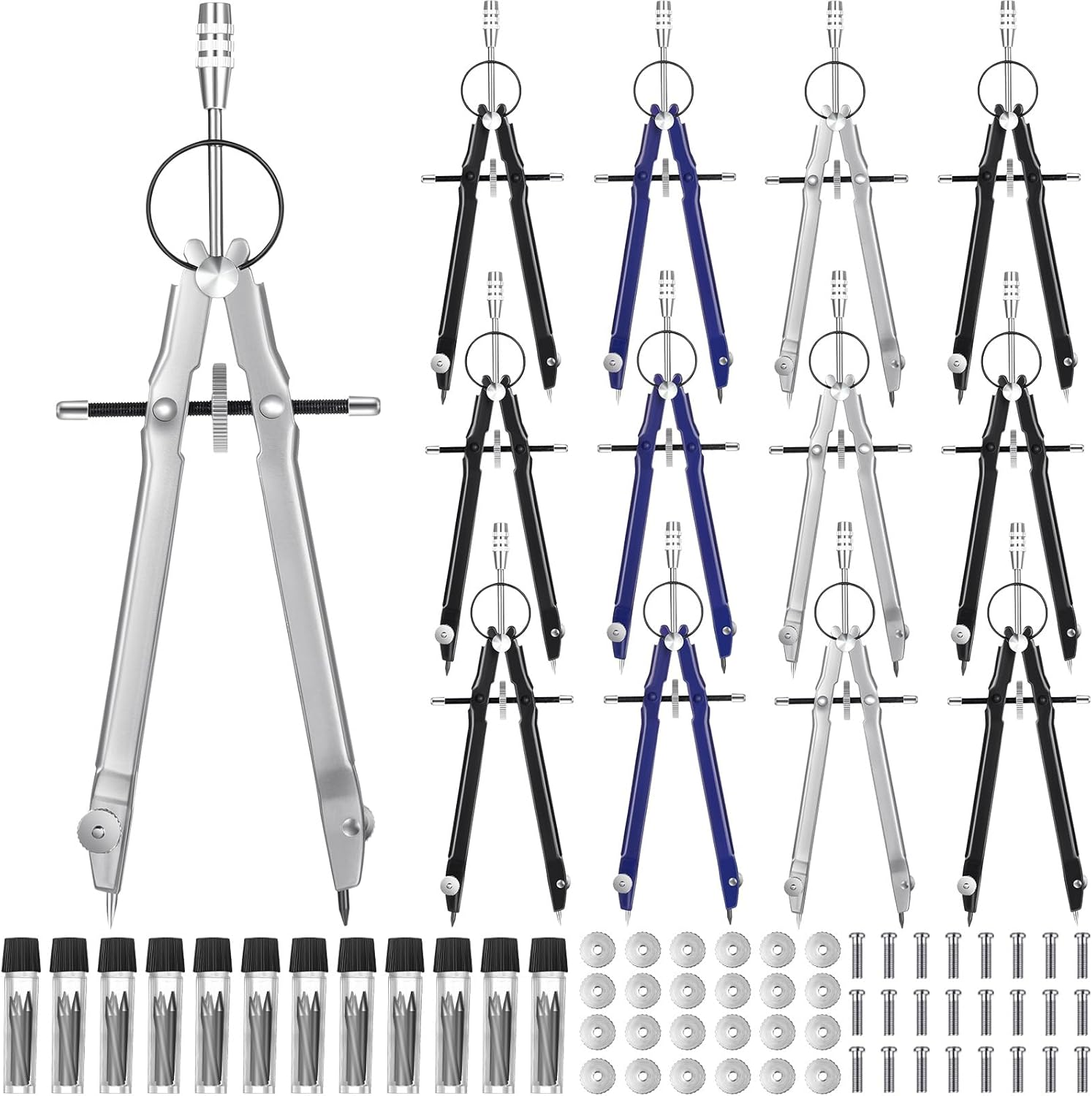 Zonon 12 Pcs Compass for Geometry Drawing Metal Compass with Extra Refills and Screws Circle Maker Back to School Circle Drawing Tool for Math Drafting Measuring Woodworking Office, 3 Colors