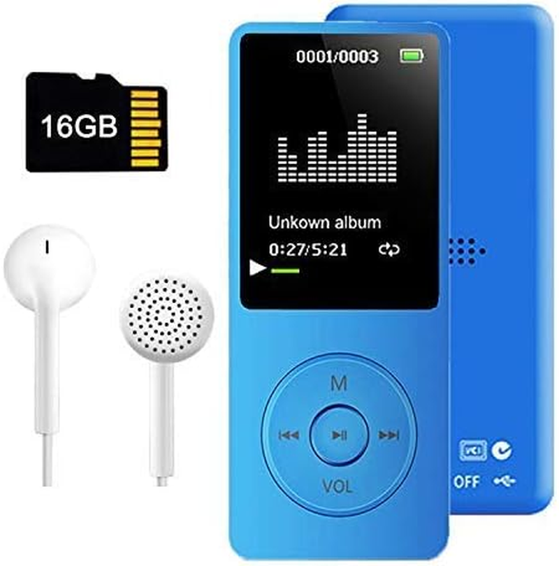 MP3 Player, Music Player with 16GB Micro SD Card, Build-In Speaker/Photo/Video Play/Fm Radio/Voice Recorder/E-Book Reader, Supports up to 128GB (Dark Blue)