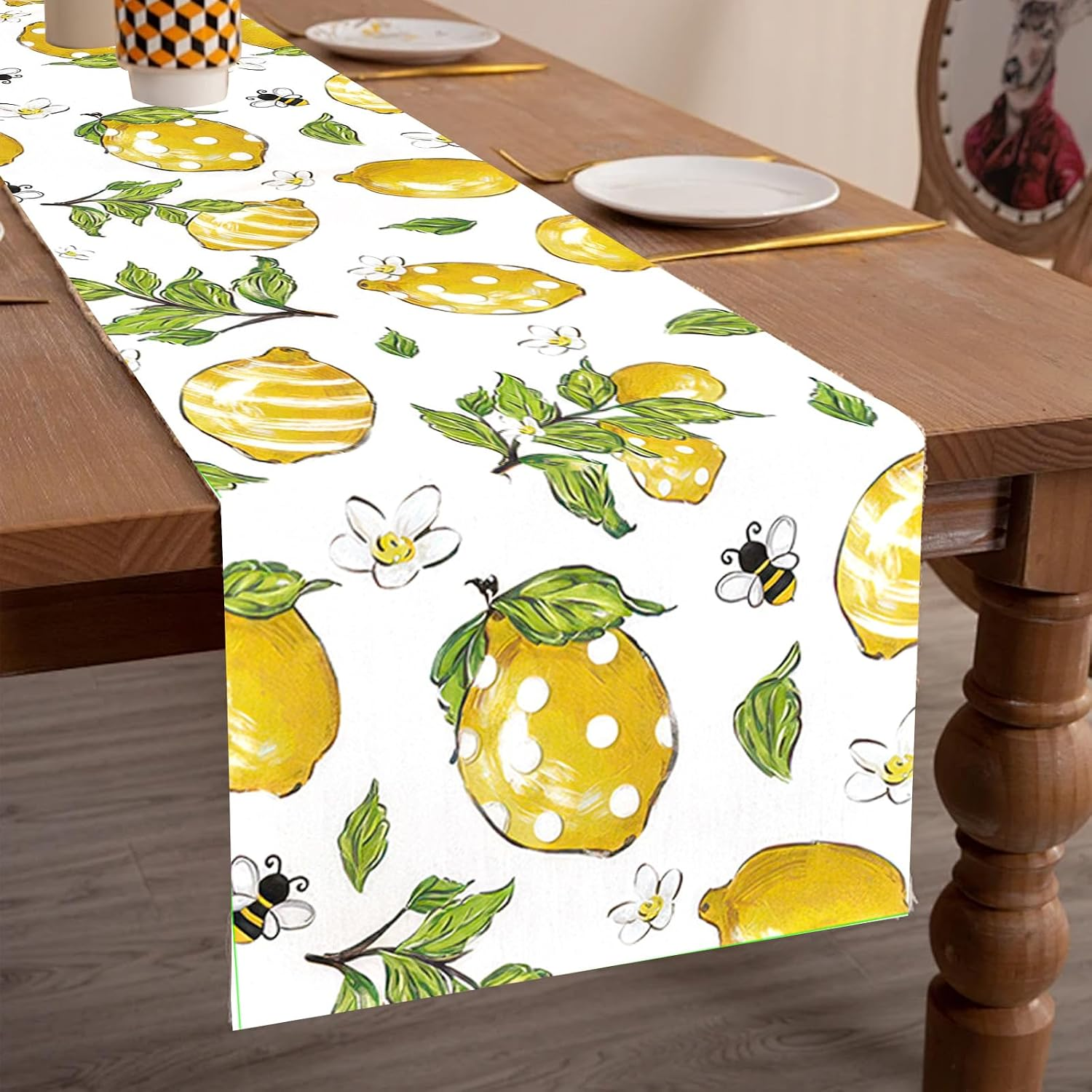 Table Runner 13 X 72 Inches, Yellow Lemons Linen Table Runner, Lemon Leaves Flowers Bees Kitchen Summer Dining Table Decor for Birthday Wedding Home Party Decor
