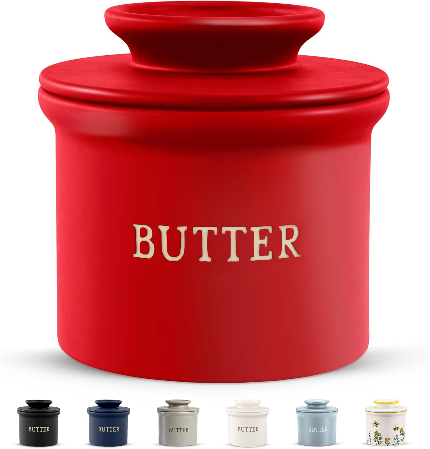 Kook Butter Crock with Lid, Soft Spreadable Butter, Ceramic French Butter Keeper to Leave on Counter with Water Line, Butter Dish, Home and Kitchen Decor, Perfect for Christmas Gift (Matte Red)