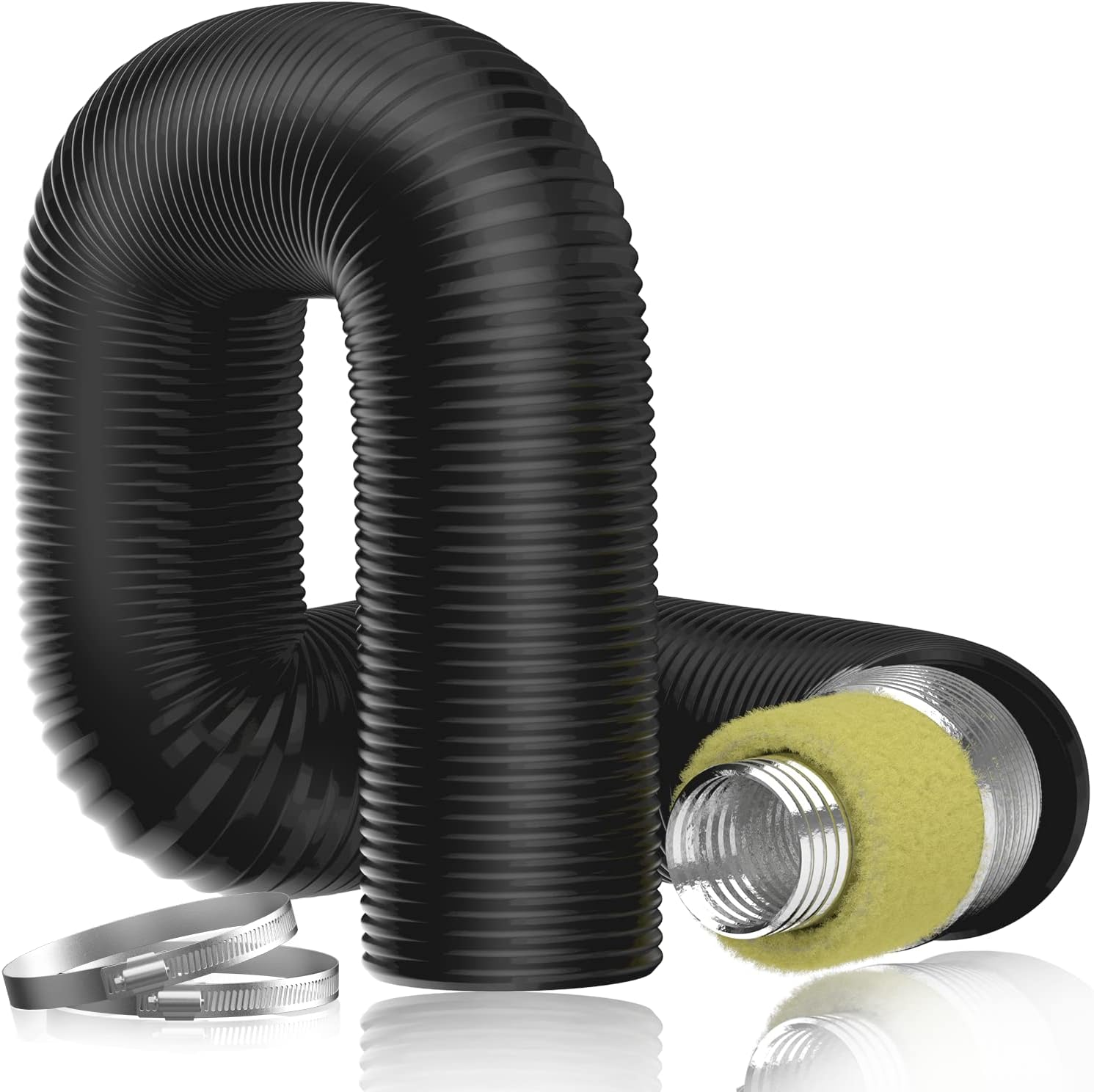 Hon&Guan 4'' Insulated Flexible Duct 8 FT Long, Black Noise Reducer Hose Silencer for Inline Duct Fan of Air Conditioner HVAC Ventilation System.