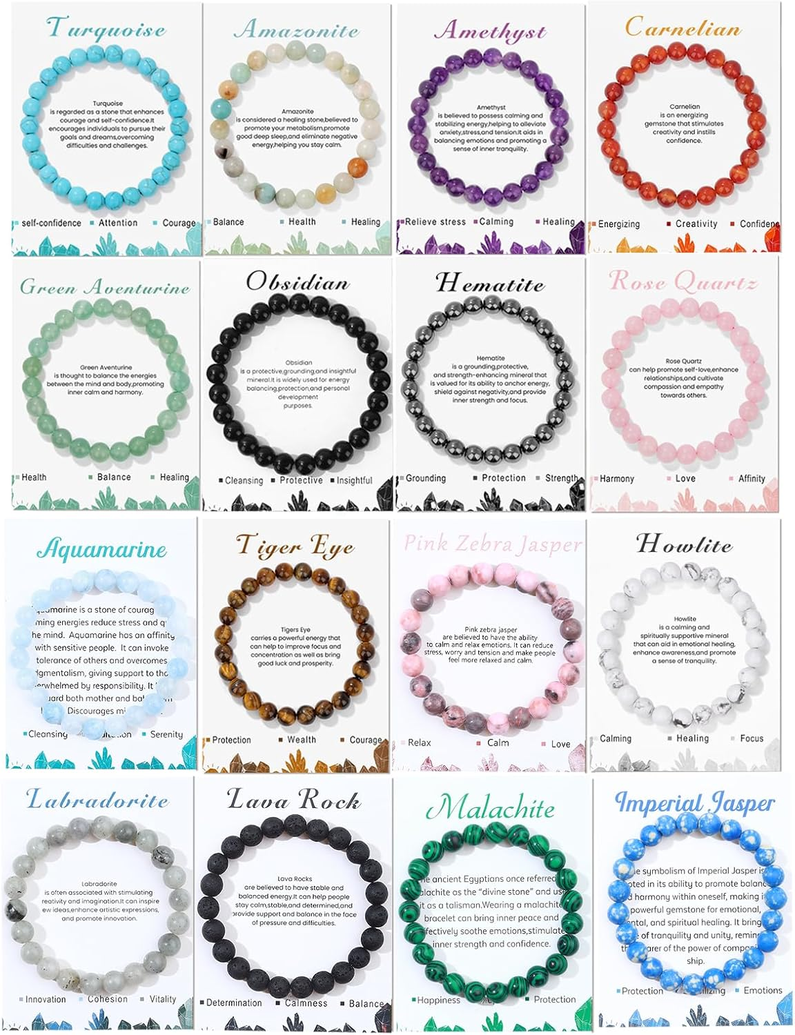 16PCS Natural Crystal Bracelets for Women Men - 8Mm Semi-Precious Gemstone Beaded Bracelets, round Gemstones Stretch Bracelet, Yoga Bracelets Jewelry Gifts